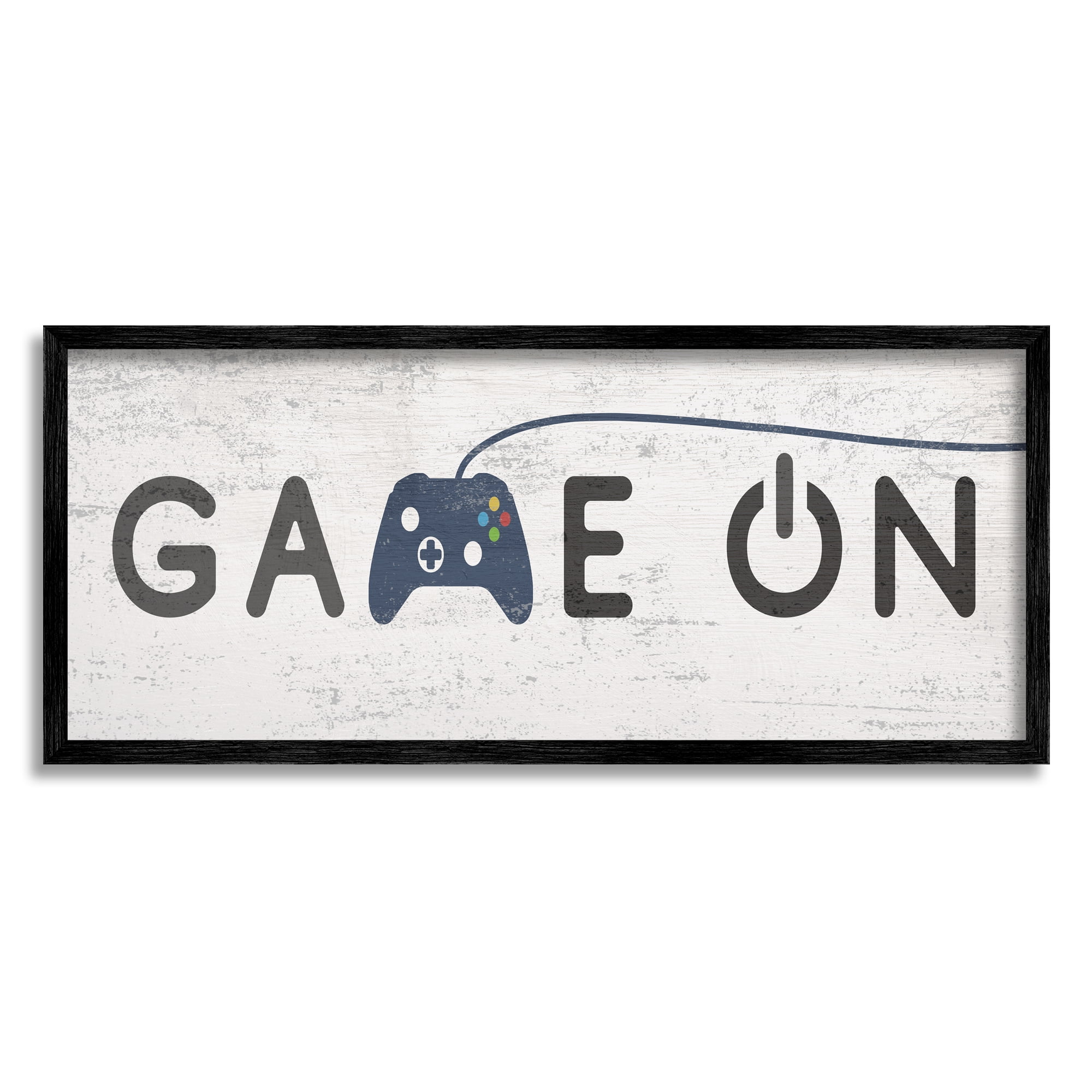 Stupell Industries Game On Video Gamer Phrase Blue Vintage Controller Beauty & Fashion Painting Black Framed Art Print Wall Art, 13 x 30