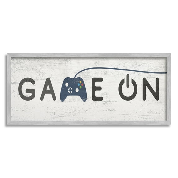 Stupell Industries Game On Video Gamer Phrase Blue Vintage Controller Beauty & Fashion Painting Gray Framed Art Print Wall Art, 10 x 24