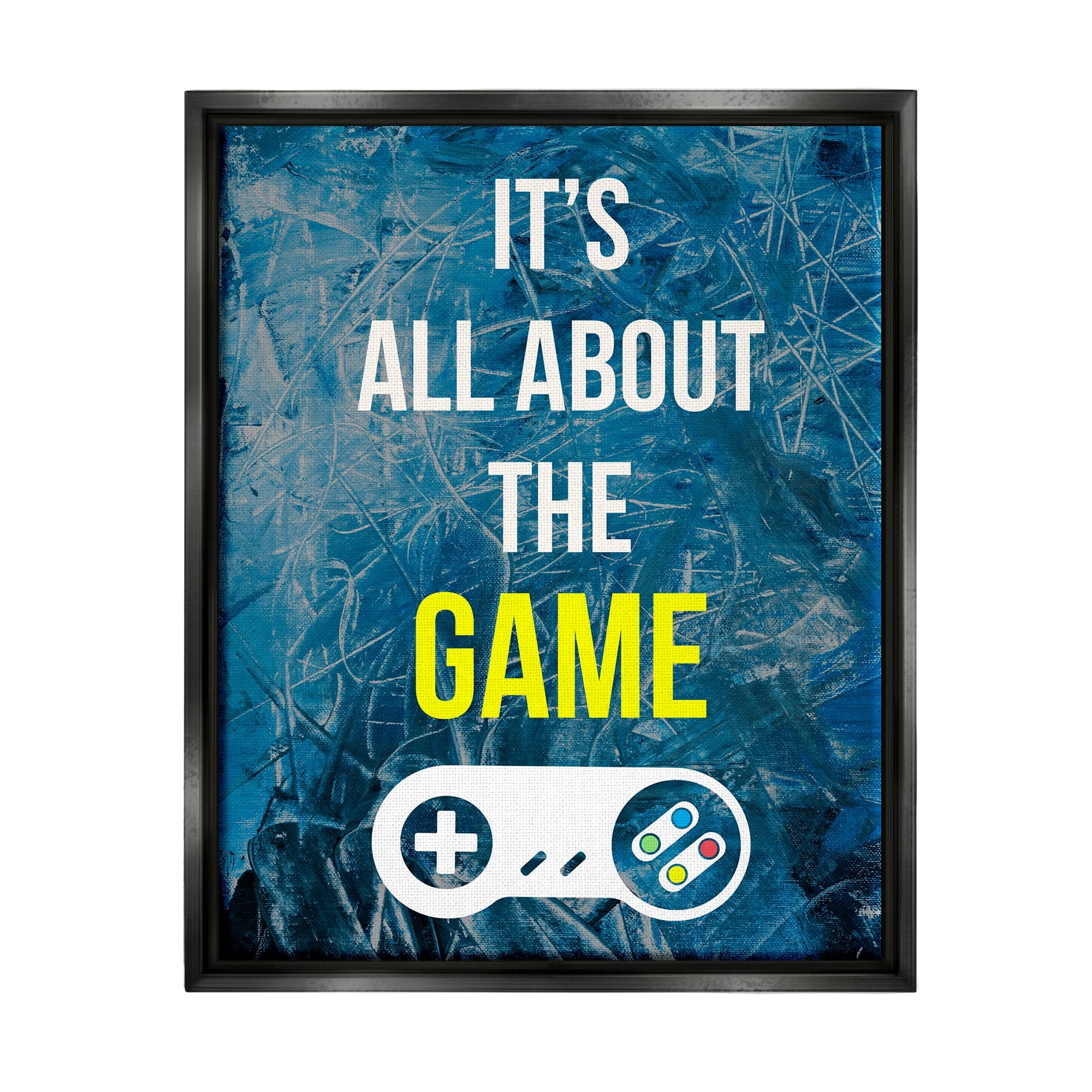 Stupell Industries All About The Game Vintage Controller Gamer Sign Graphic Art Jet Black Floating Framed Canvas Print Wall Art, Design by Annie Warren
