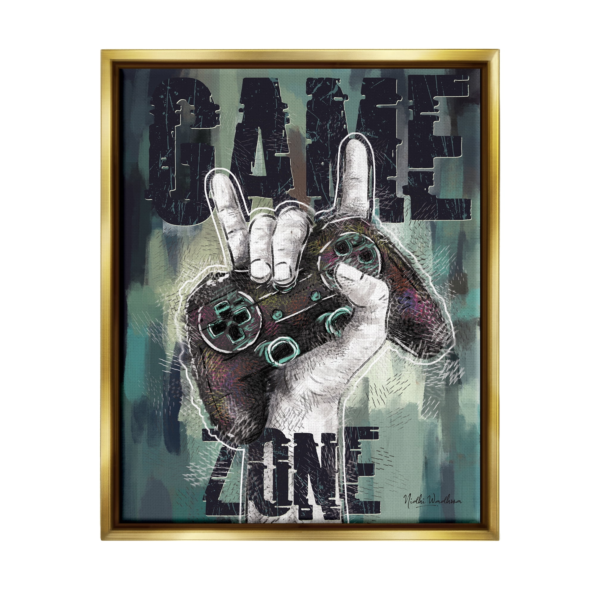 Stupell Industries Game Zone Controller Typography Painting Gold Floater Framed Canvas Art Print Wall Art, 25 x 31