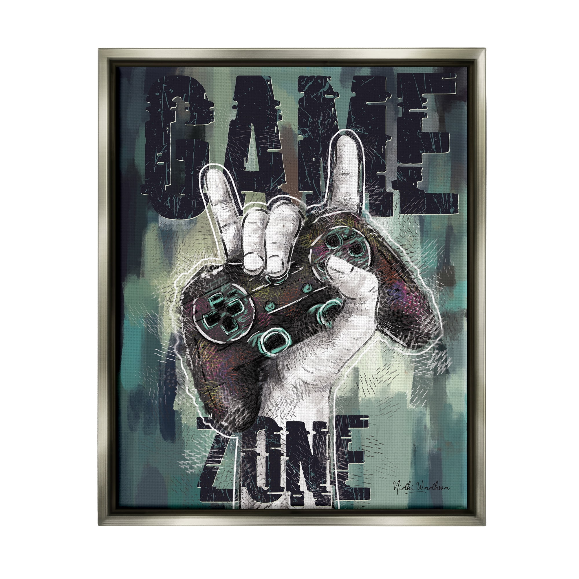 Stupell Industries Game Zone Controller Typography Painting Gray Floater Framed Canvas Art Print Wall Art, 17 x 21