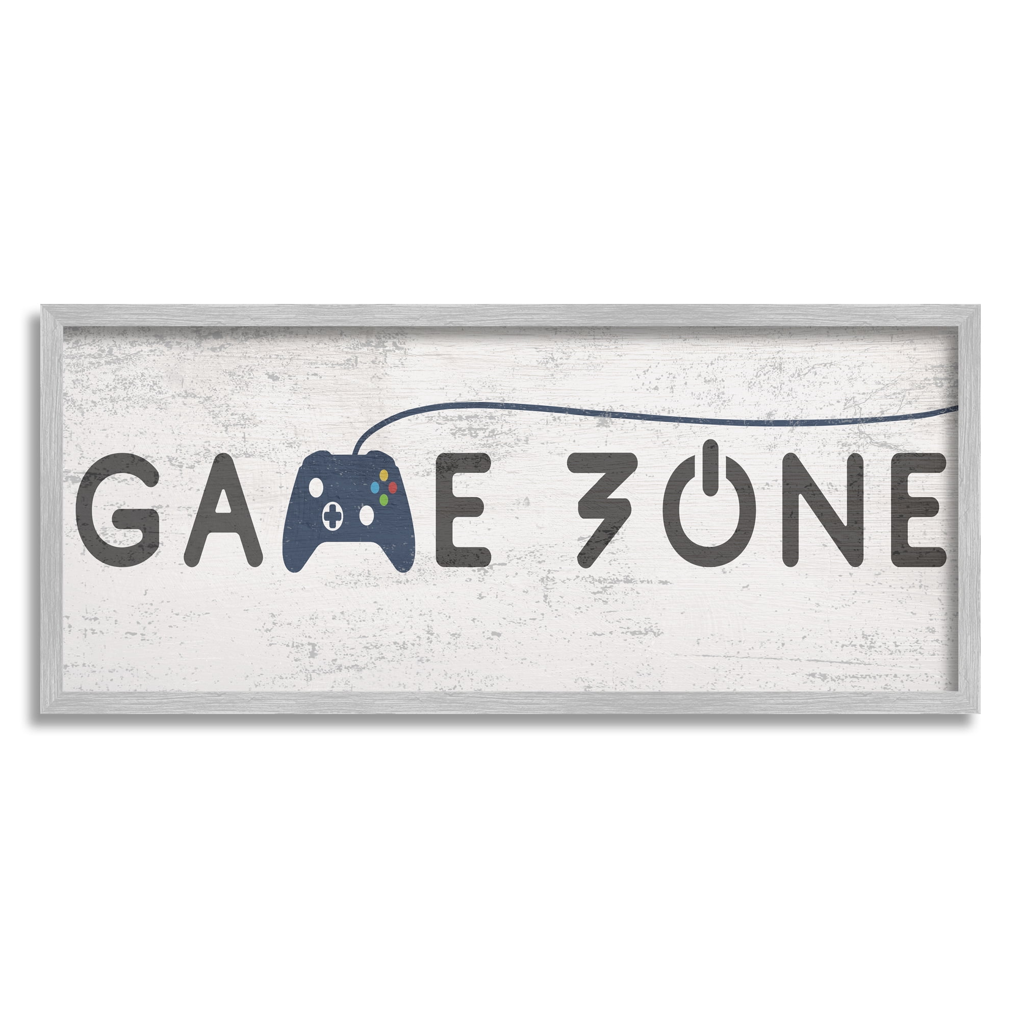 Stupell Industries Game Zone Video Gamer Phrase Rustic Blue Controller Beauty & Fashion Painting Gray Framed Art Print Wall Art, 13 x 30