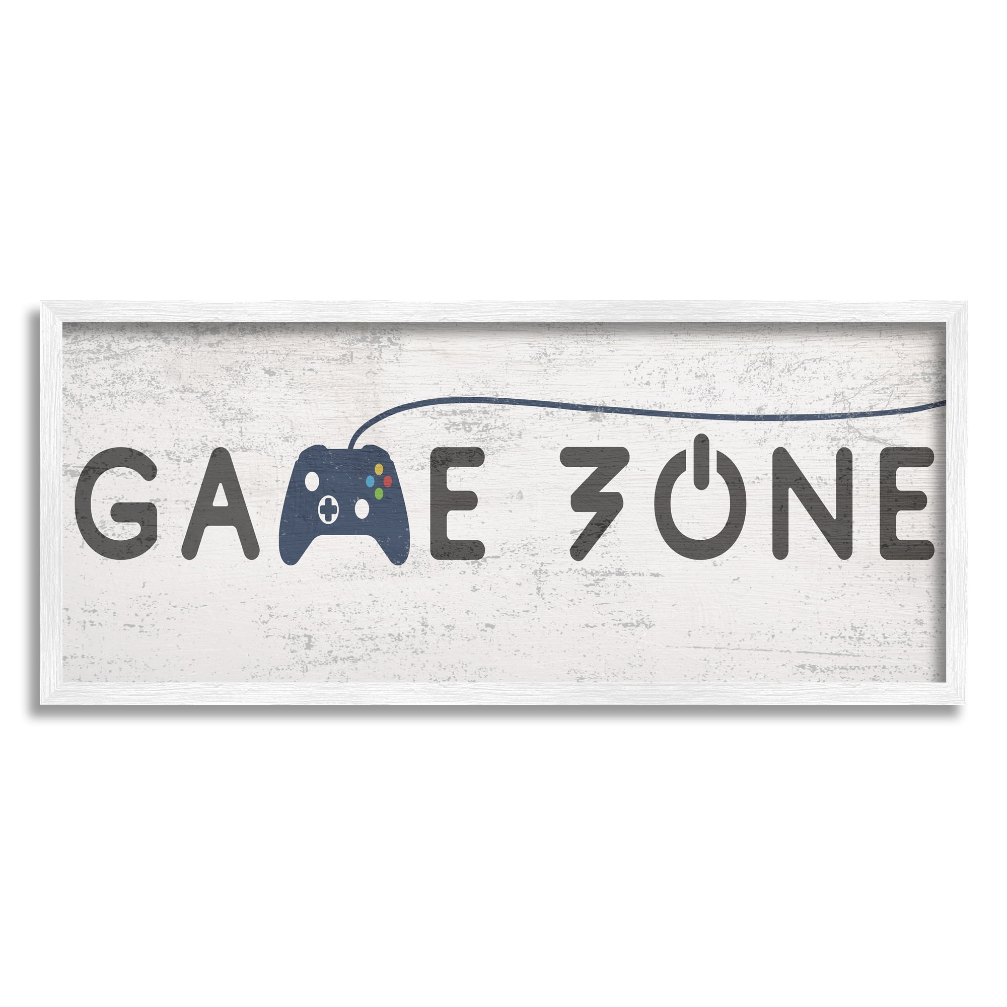 Stupell Industries Game Zone Video Gamer Phrase Rustic Blue Controller Beauty & Fashion Painting White Framed Art Print Wall Art, 13 x 30