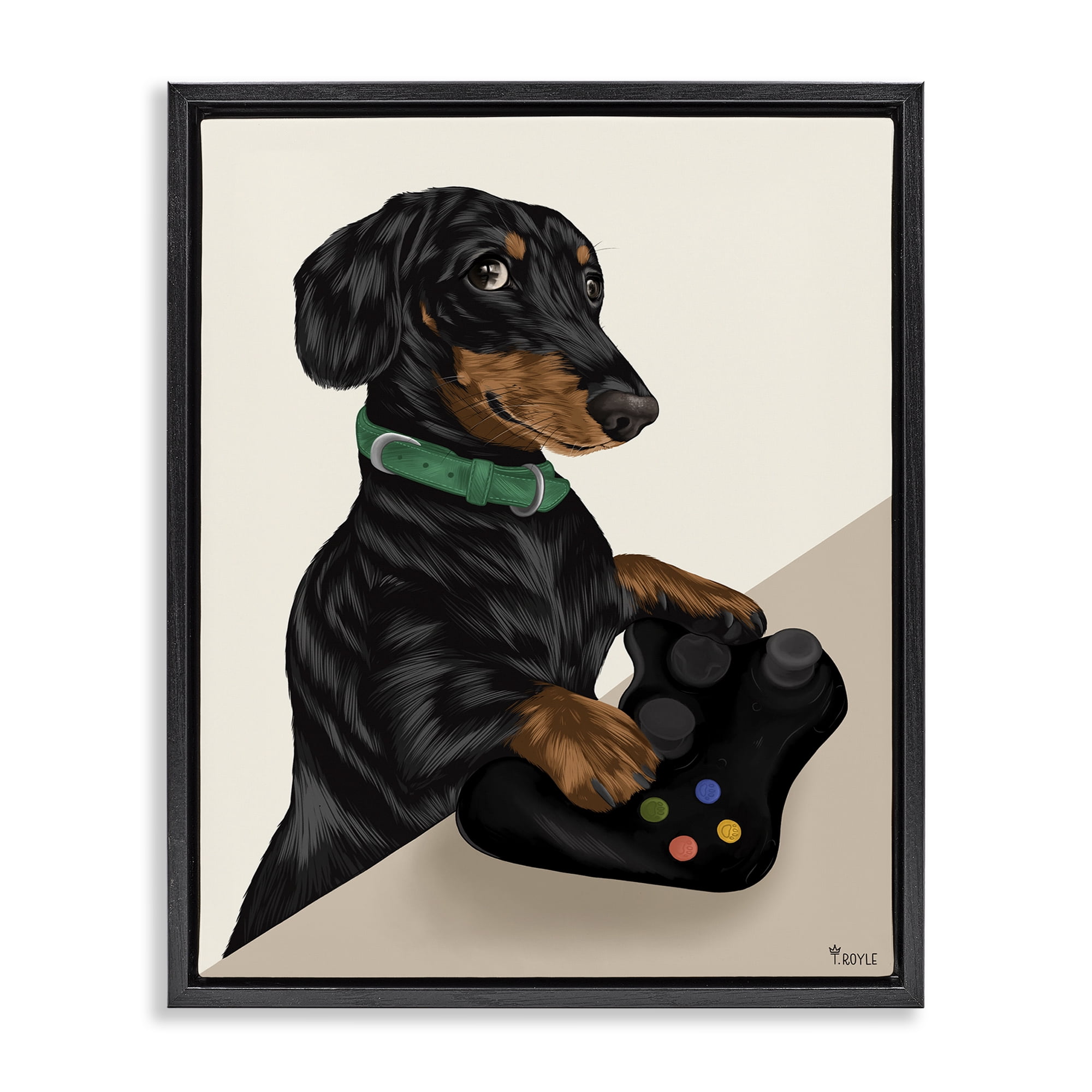 Stupell Industries Gamer Dachshund Dog Animals & Insects Painting Black Floater Framed Art Print Wall Art, 25 x 31