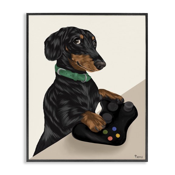 Stupell Industries Gamer Dachshund Dog Animals & Insects Painting Black Framed Art Print Wall Art, 24 x 30
