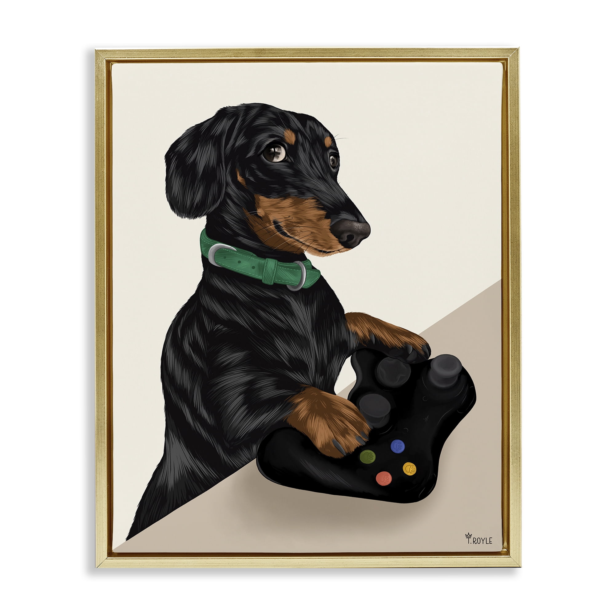 Stupell Industries Gamer Dachshund Dog Animals & Insects Painting Gold Floater Framed Art Print Wall Art, 25 x 31