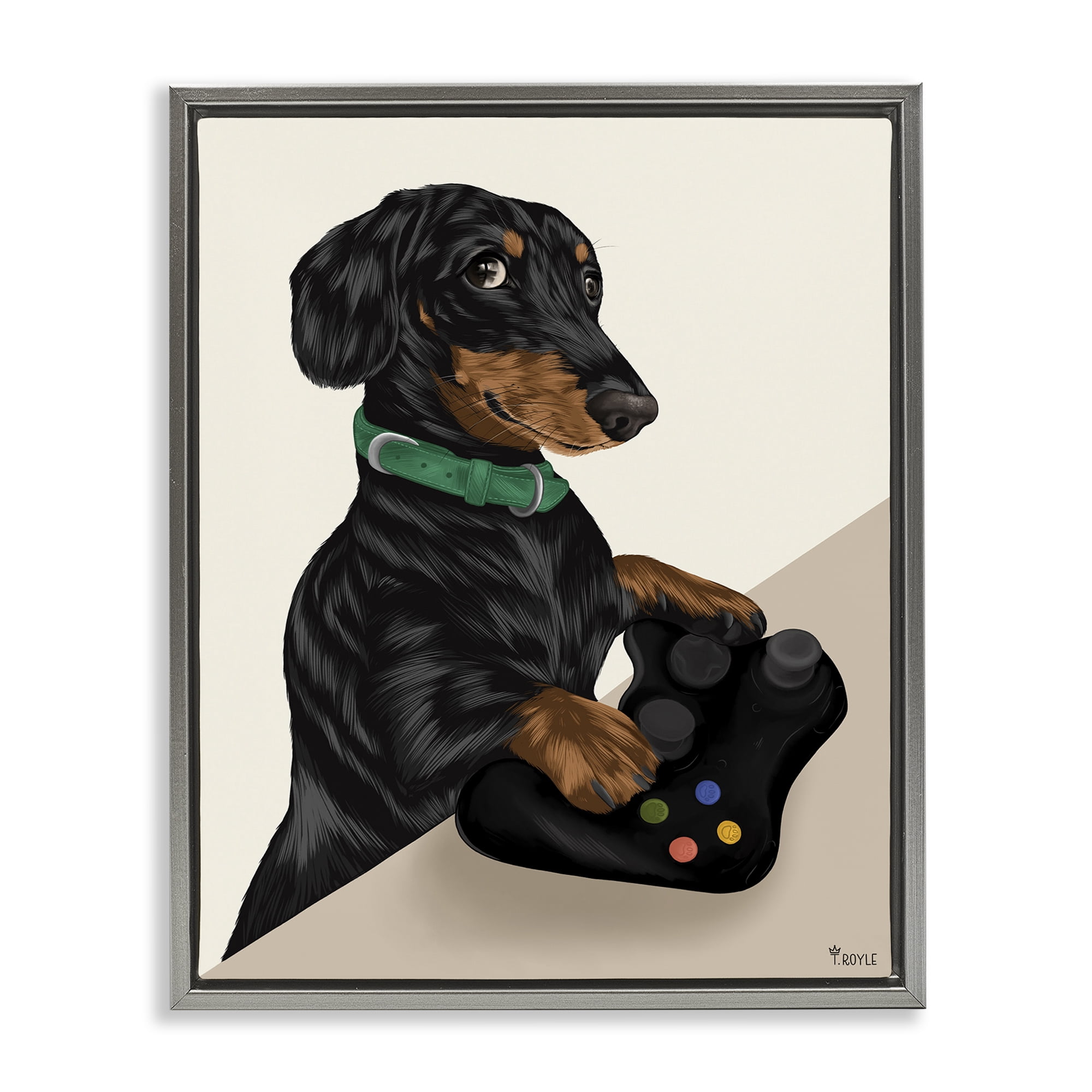 Stupell Industries Gamer Dachshund Dog Animals & Insects Painting Gray Floater Framed Art Print Wall Art, 17 x 21