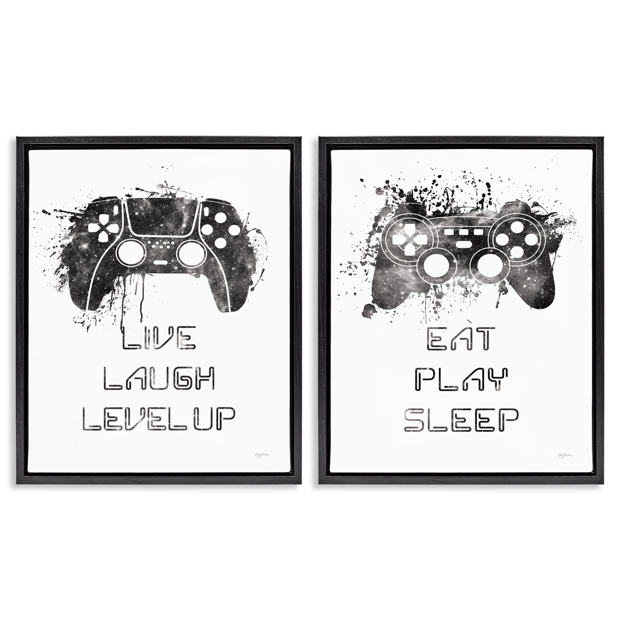 Stupell Industries Gamer Play Splash Controllers Text & Numbers Painting Black Floater Framed Canvas Art Print Wall Art, 31 x 25, Set of 2