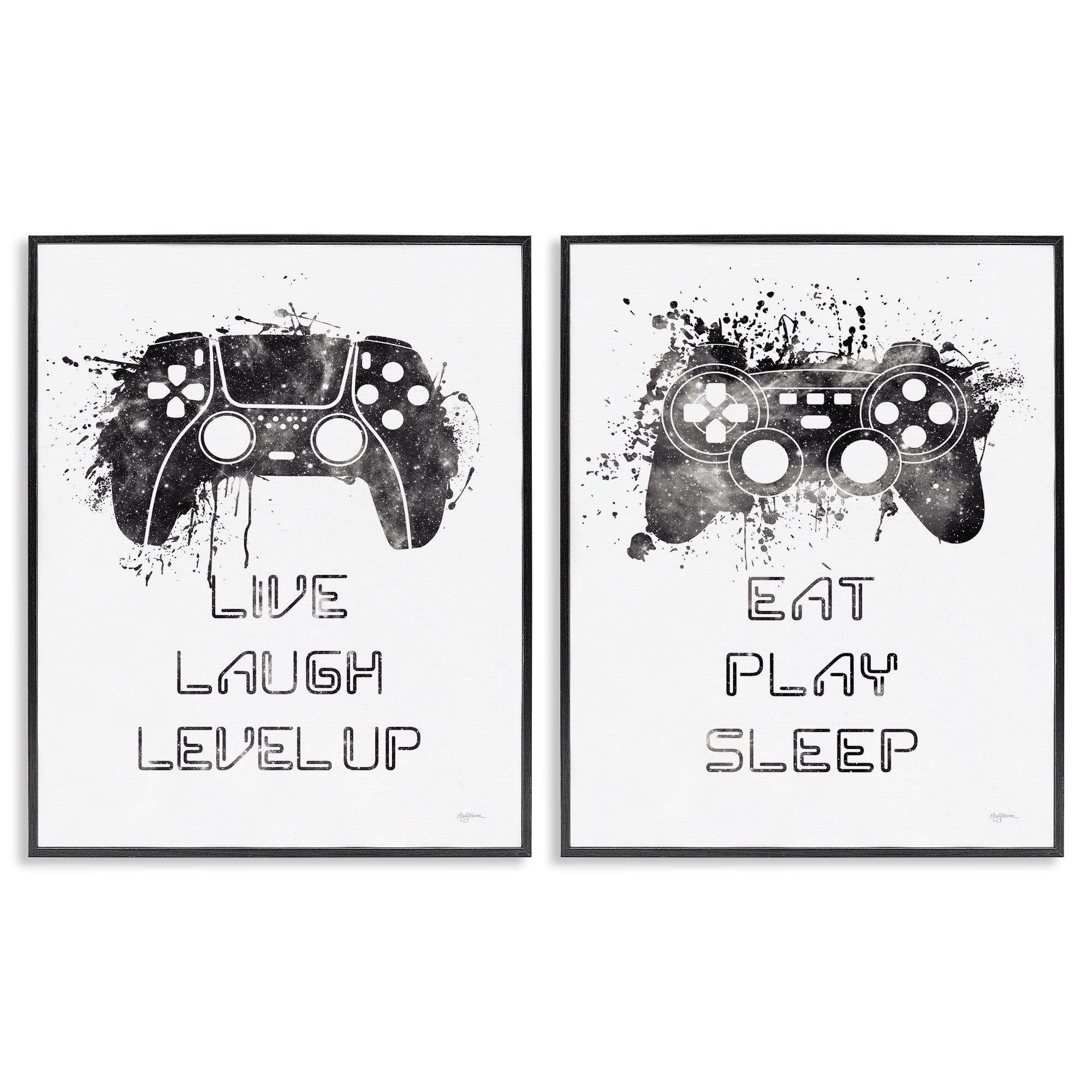 Stupell Industries Gamer Play Splash Controllers Text & Numbers Painting Black Framed Art Print Wall Art, 24 x 30, Set of 2