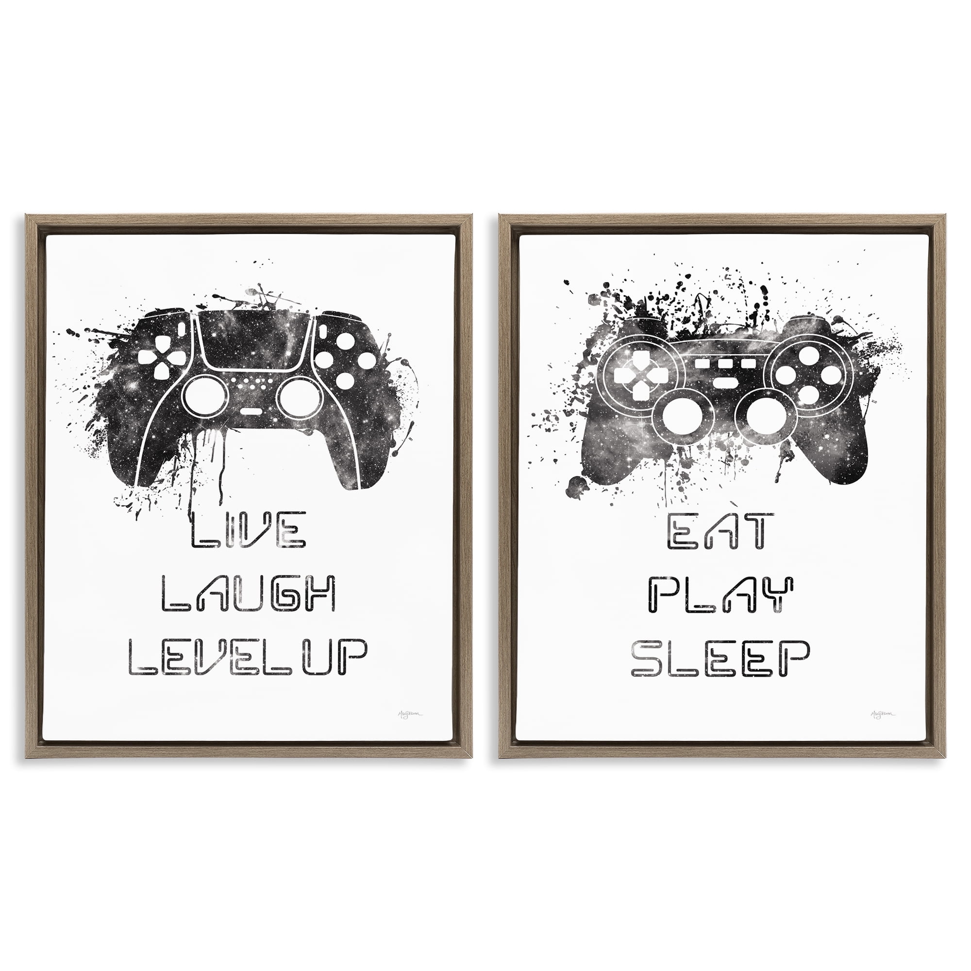 Stupell Industries Gamer Play Splash Controllers Text & Numbers Painting Brown Floater Framed Canvas Art Print Wall Art, 31 x 25, Set of 2