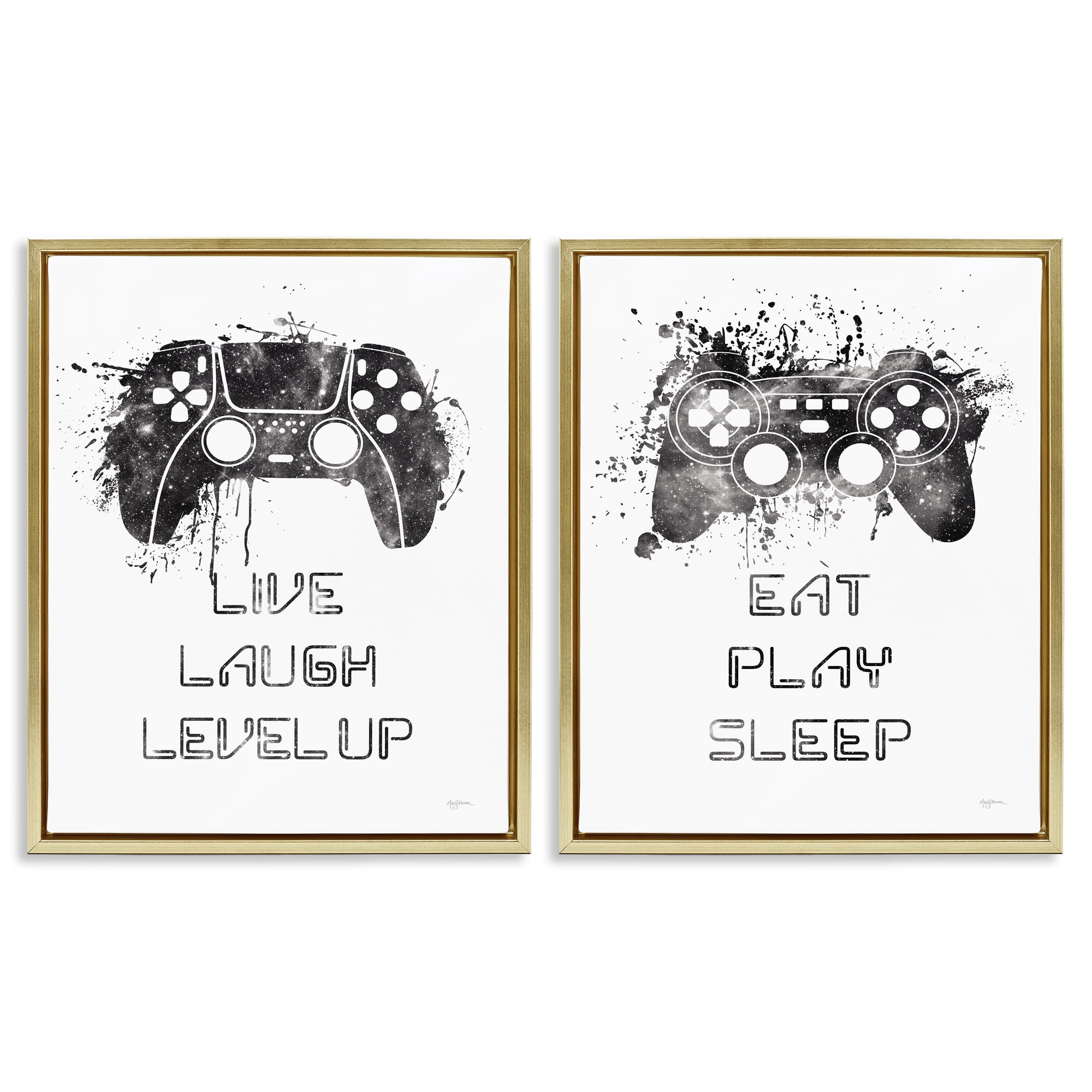 Stupell Industries Gamer Play Splash Controllers Text & Numbers Painting Gold Floater Framed Canvas Art Print Wall Art, 31 x 25, Set of 2