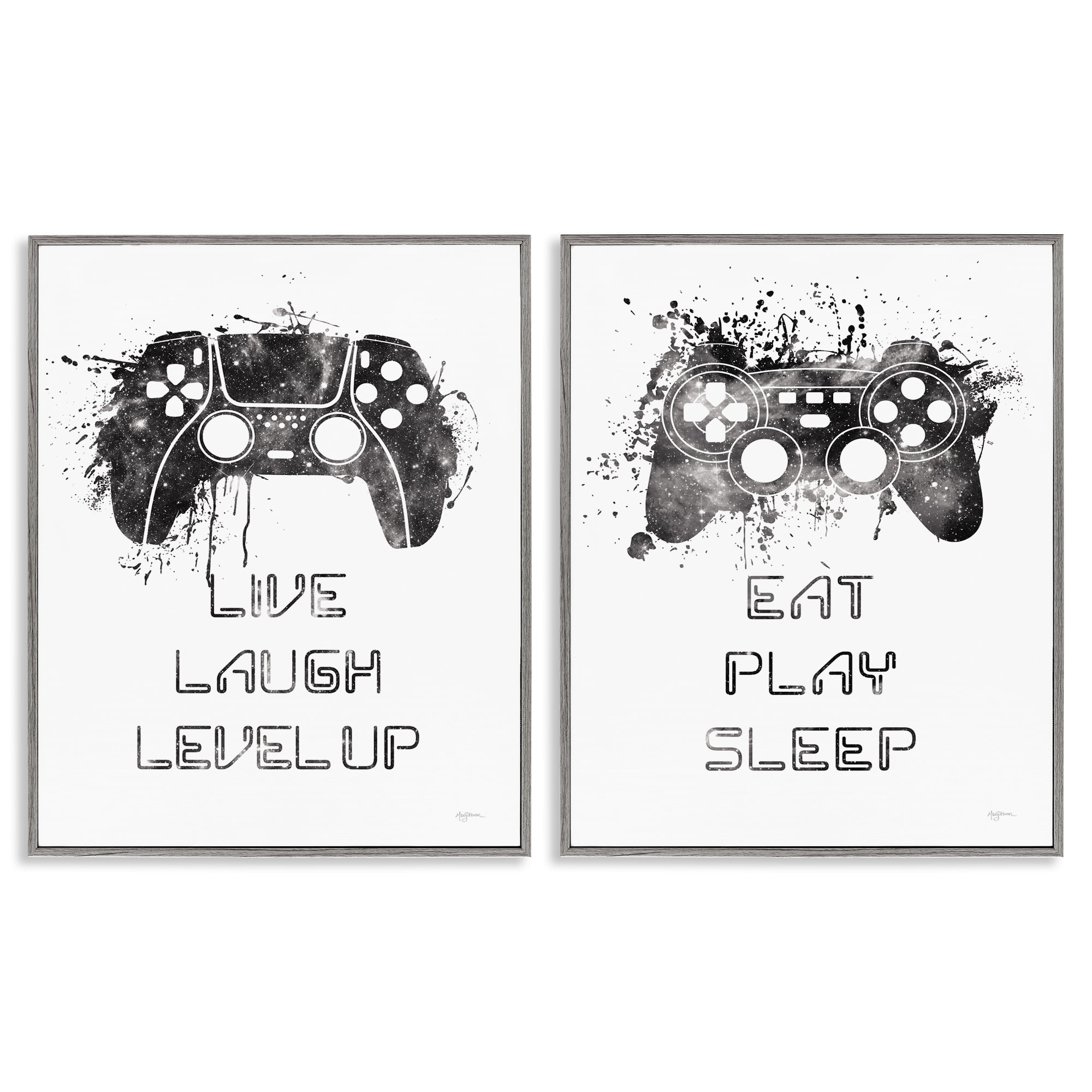Stupell Industries Gamer Play Splash Controllers Text & Numbers Painting Gray Framed Art Print Wall Art, 11 x 14, Set of 2