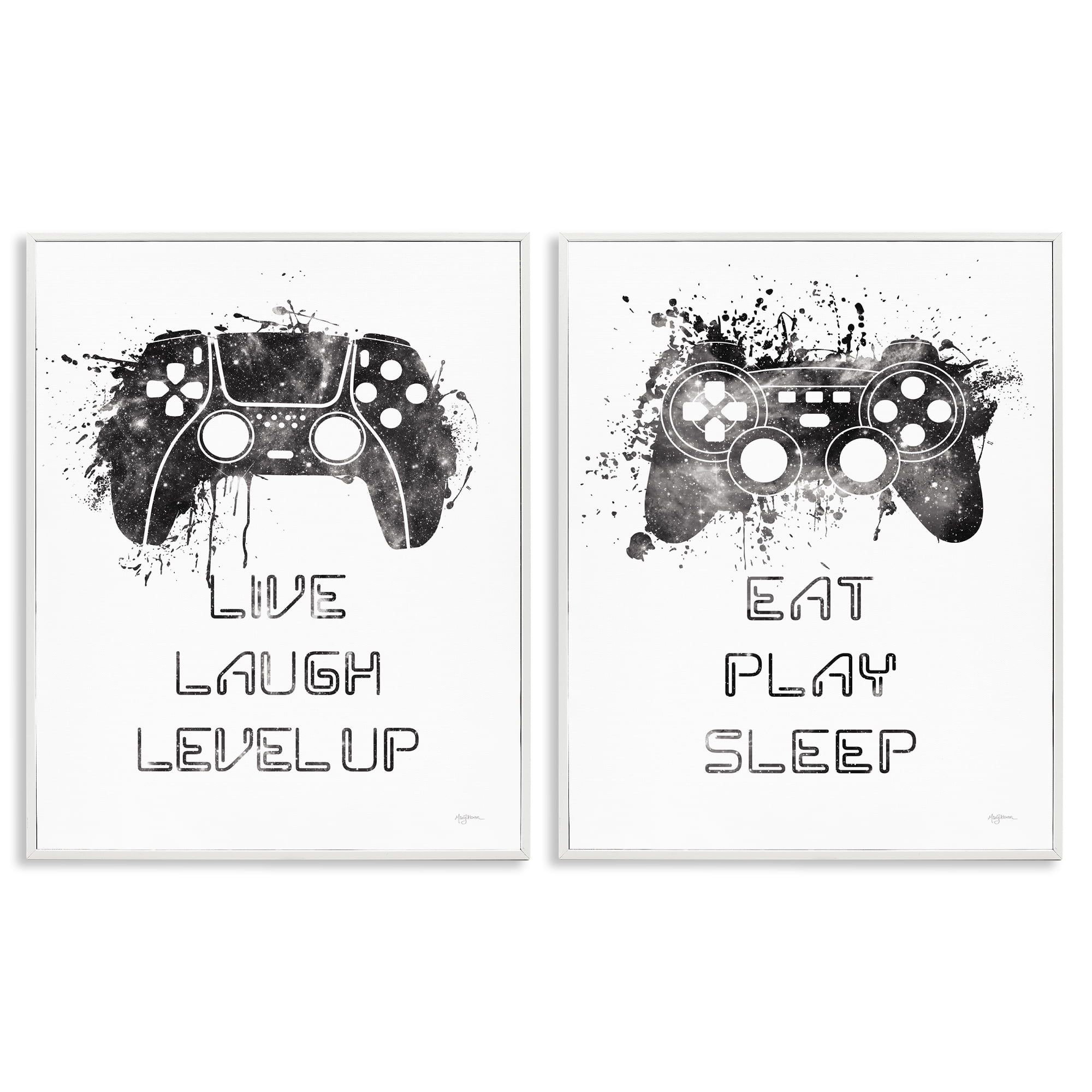 Stupell Industries Gamer Play Splash Controllers Text & Numbers Painting White Framed Art Print Wall Art, 11 x 14, Set of 2
