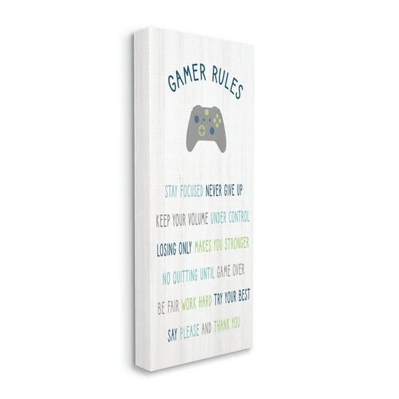 Stupell Industries Gamer Rules Listed Kids Video Game Motivational Phrases Graphic Art Gallery-Wrapped Canvas Print Wall Art, 20x48, by Daphne Polselli
