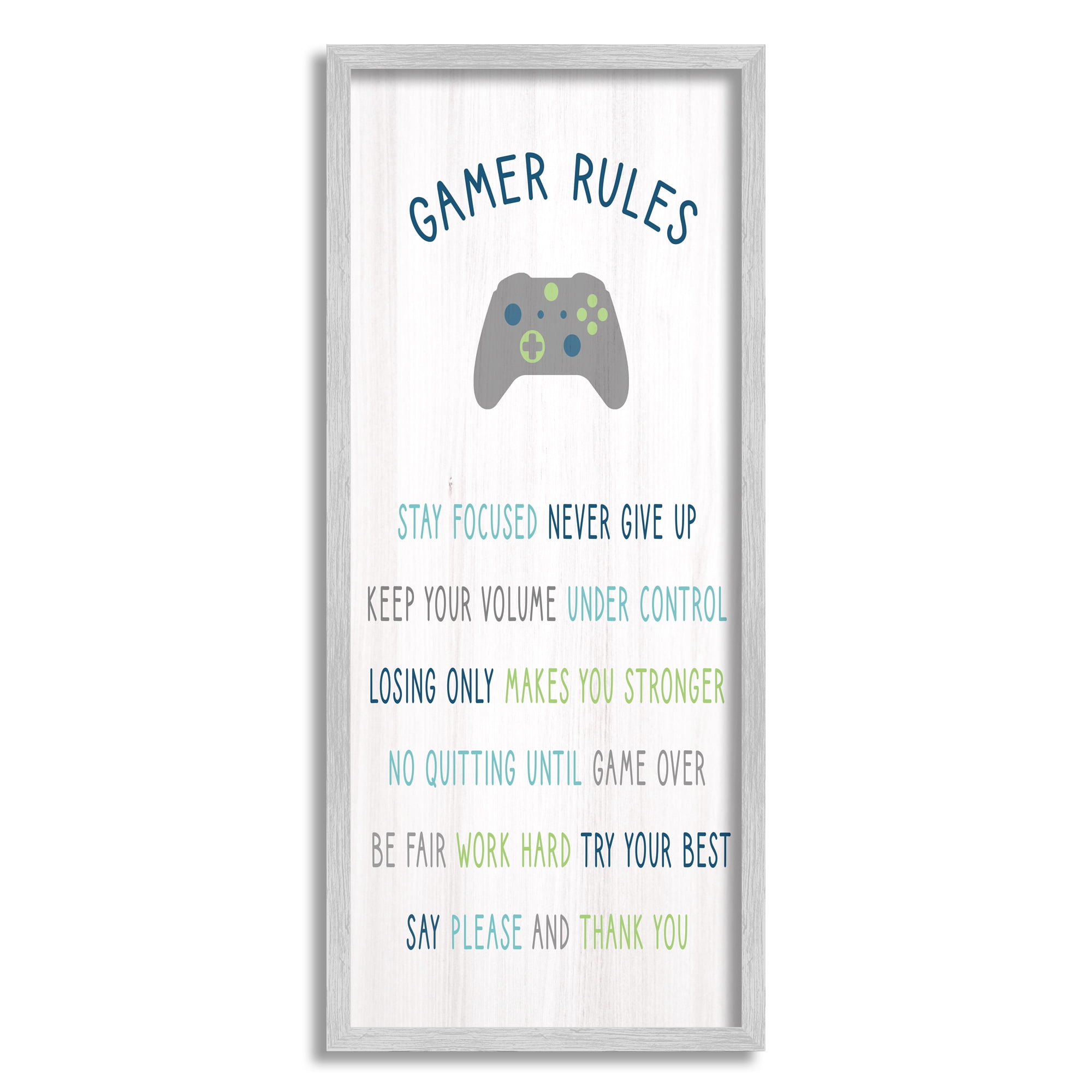 Stupell Industries Gamer Rules Listed Kids Video Game Motivational Phrases Kids Painting Gray Framed Art Print Wall Art, 13 x 30, Design by Daphne Polselli