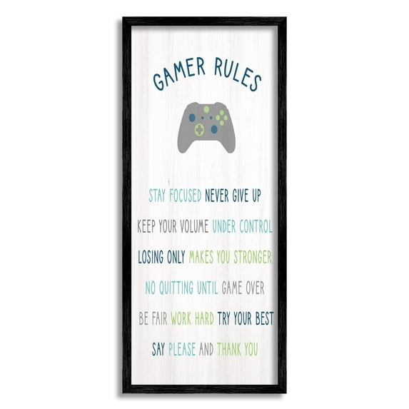 Stupell Industries Gamer Rules Listed Kids Video Game Motivational Phrases Kids Painting Black Framed Art Print Wall Art, 13 x 30, Design by Daphne Polselli