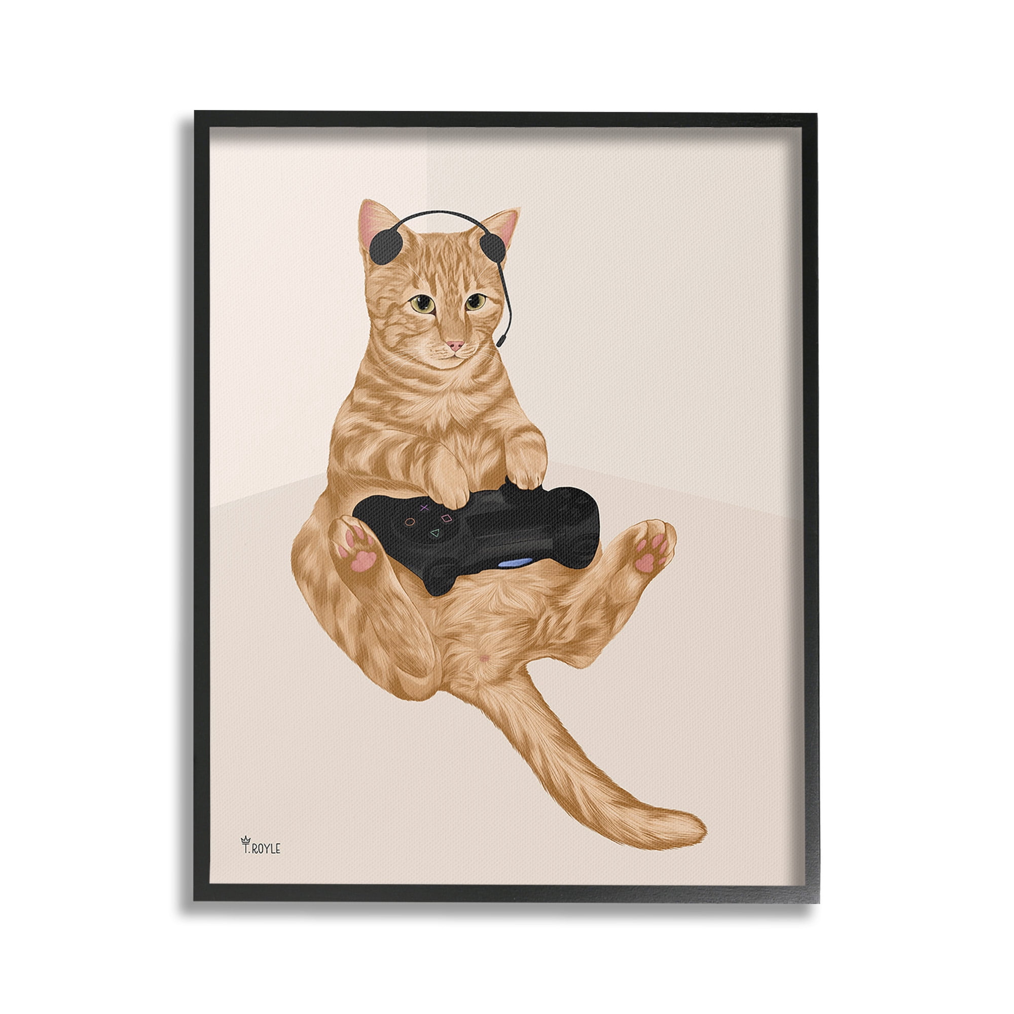 Stupell Industries Gamer Tabby Cat Animals & Insects Painting Black Framed Art Print Wall Art, 16 x 20