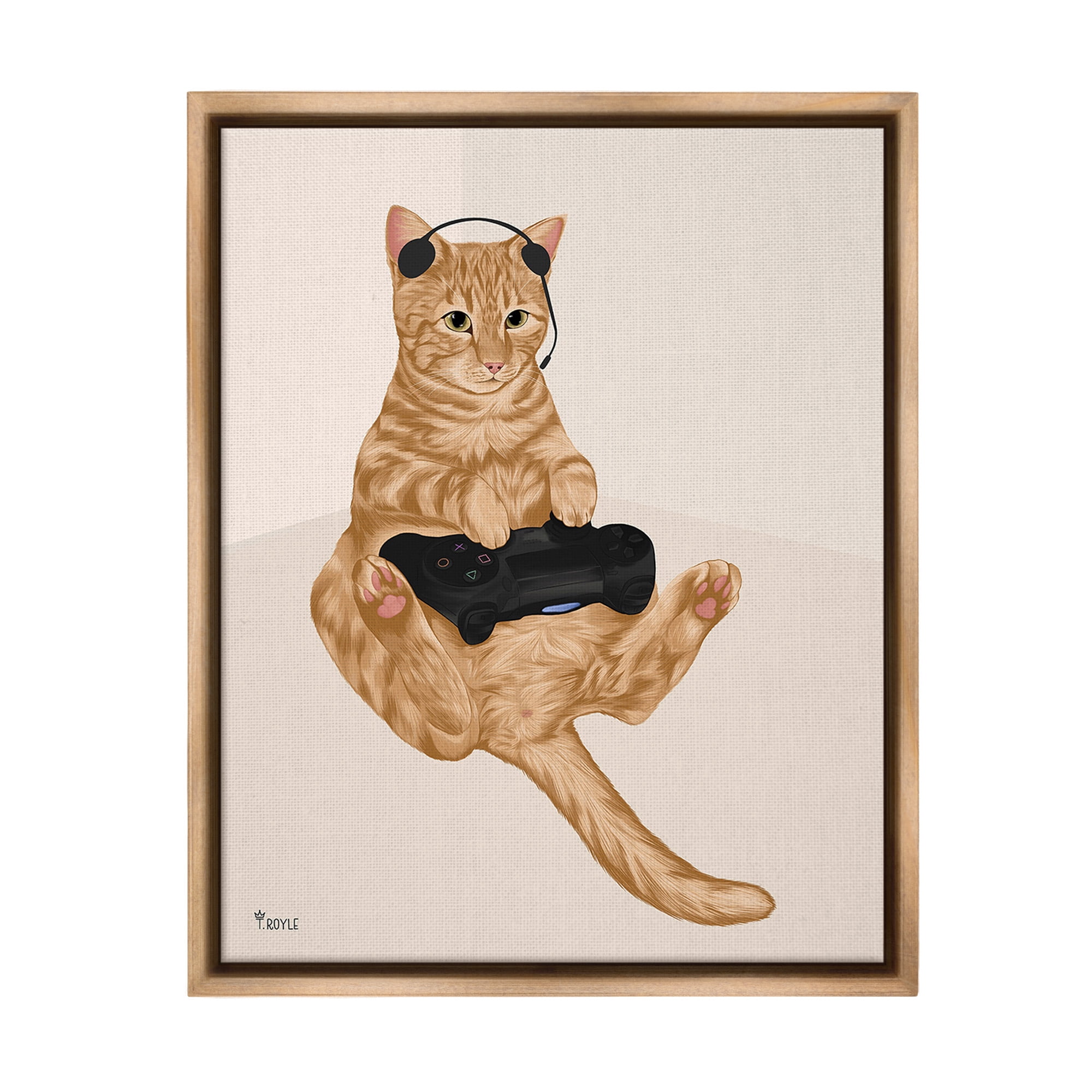 Stupell Industries Gamer Tabby Cat Animals & Insects Painting Brown Floater Framed Canvas Art Print Wall Art, 25 x 31