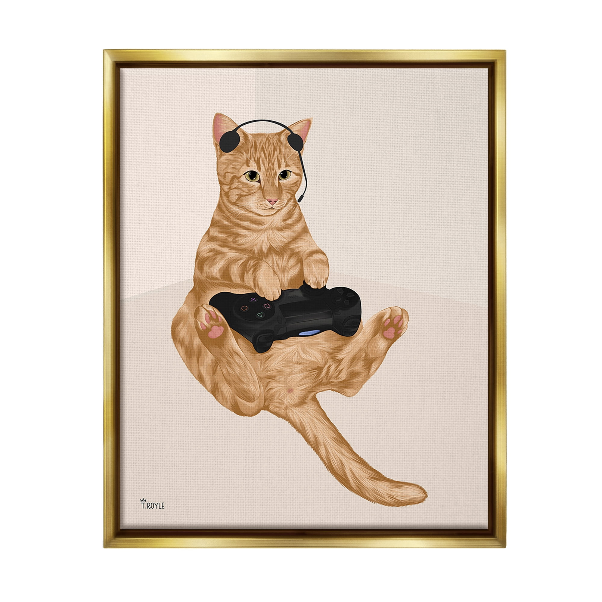 Stupell Industries Gamer Tabby Cat Animals & Insects Painting Gold Floater Framed Canvas Art Print Wall Art, 25 x 31
