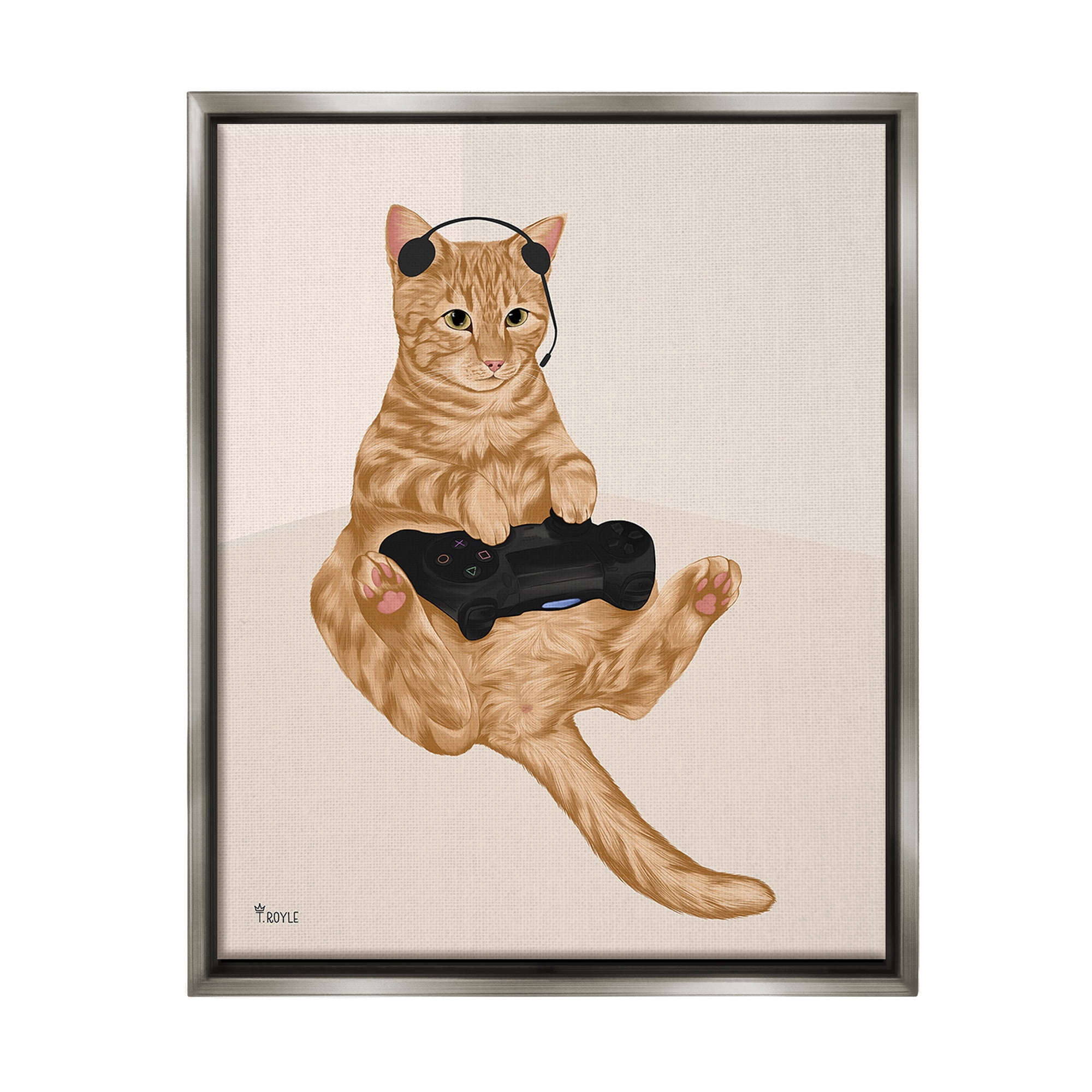Stupell Industries Gamer Tabby Cat Animals & Insects Painting Gray Floater Framed Canvas Art Print Wall Art, 25 x 31