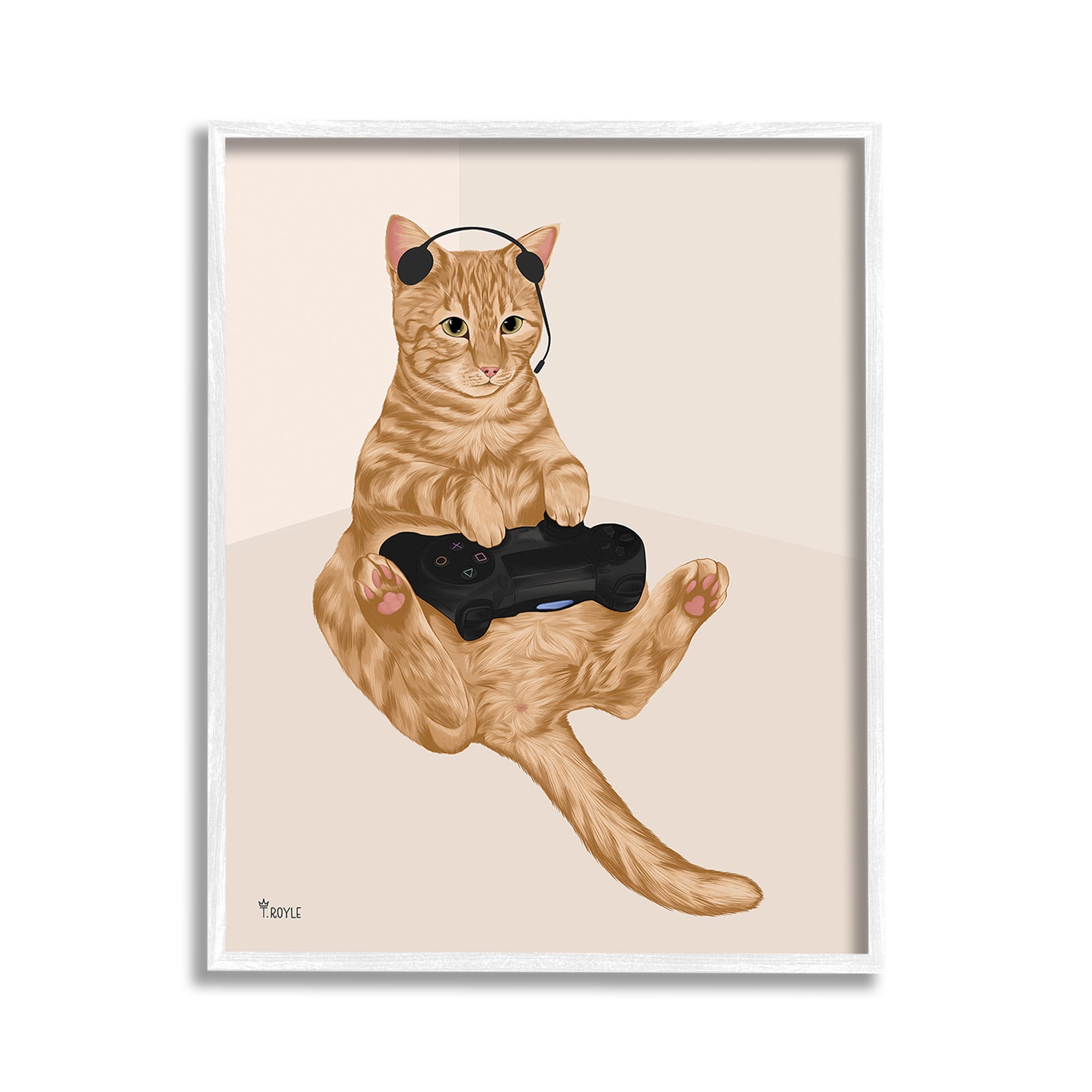 Stupell Industries Gamer Tabby Cat Animals & Insects Painting White Framed Art Print Wall Art, 11 x 14