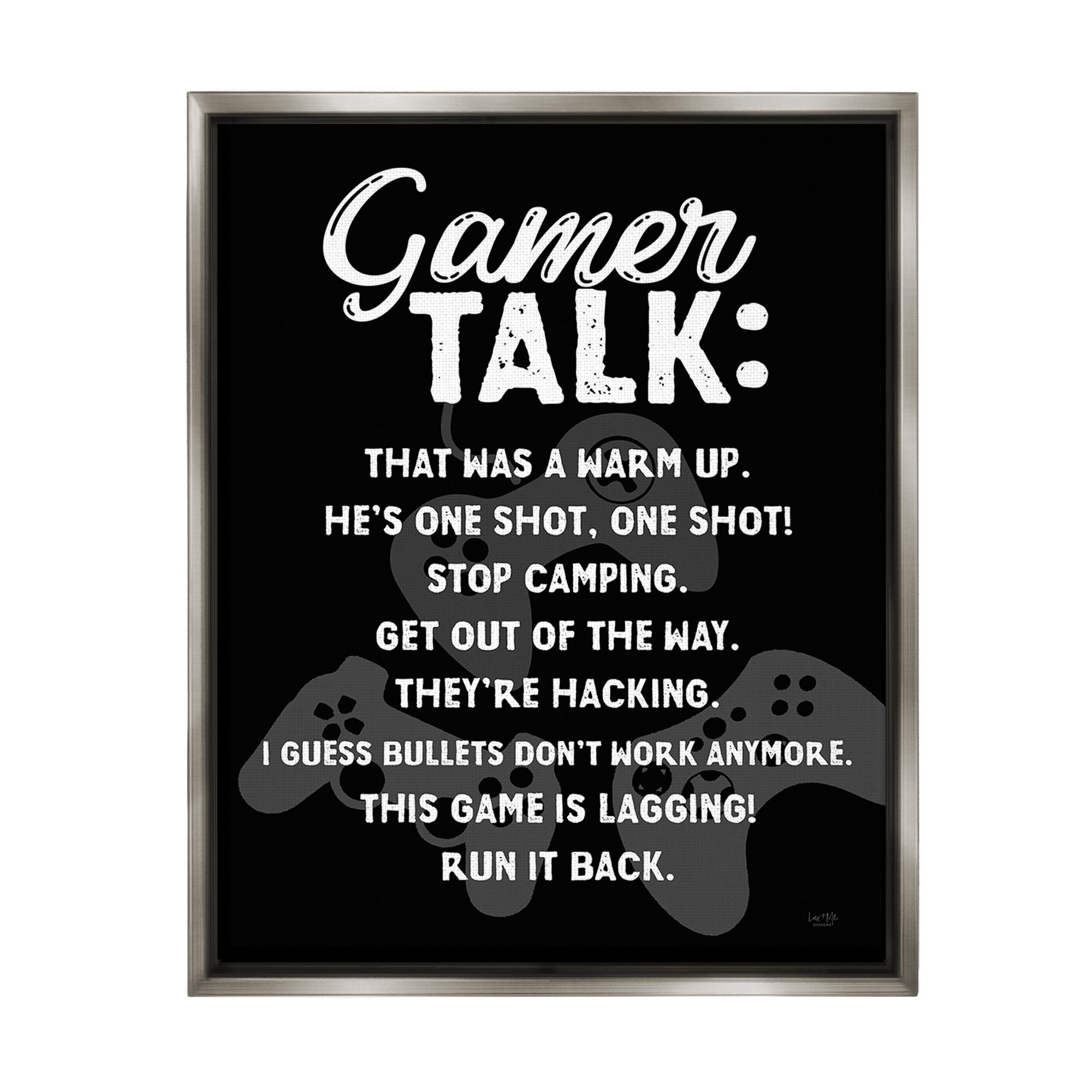 Stupell Industries Gamer Talk Phrases Typography Painting Gray Floater Framed Canvas Art Print Wall Art, 17 x 21