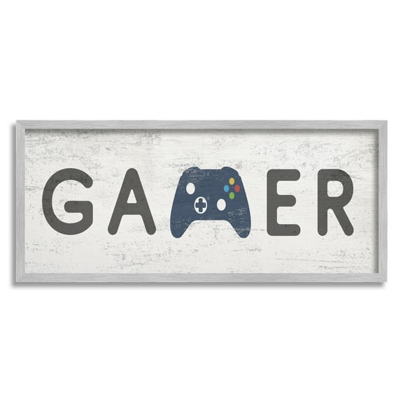 Stupell Industries Gamer Typography Kids' Video Game Controller Sign Beauty & Fashion Painting Gray Framed Art Print Wall Art, 13 x 30