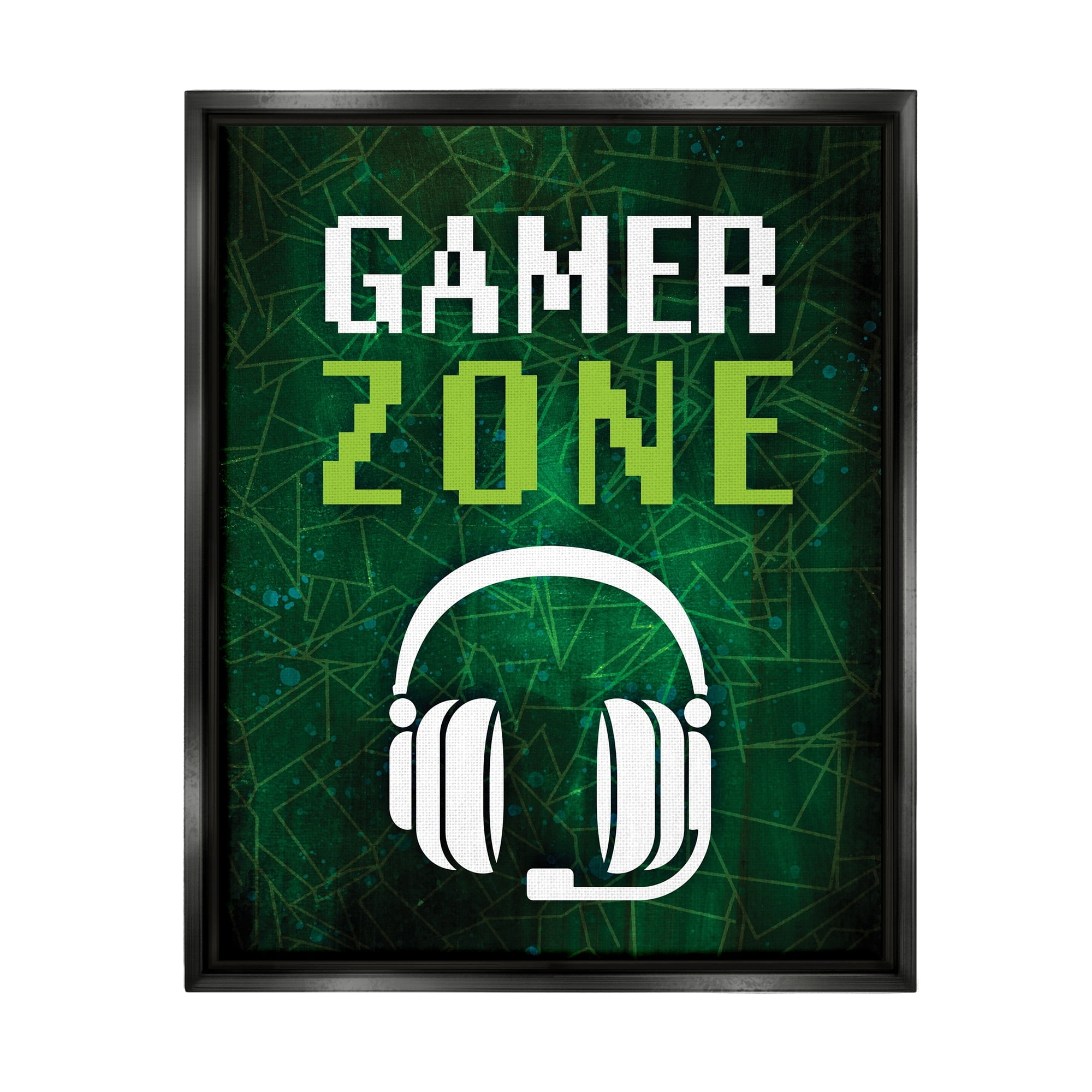 Stupell Industries Gamer Zone Headset Geometric Pattern Pixel Text Graphic Art Jet Black Floating Framed Canvas Print Wall Art, Design by Victoria Barnes