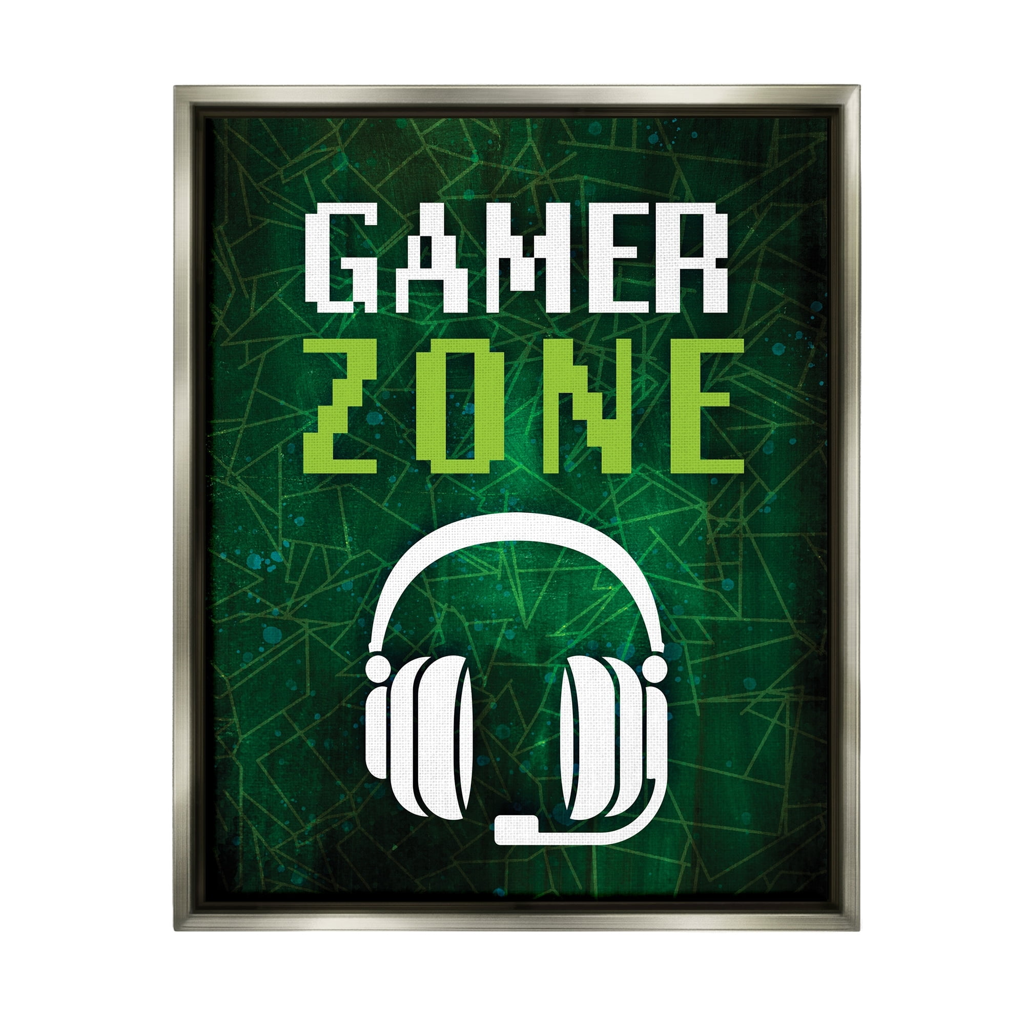 Stupell Industries Gamer Zone Headset Geometric Pattern Pixel Text Graphic Art Luster Gray Floating Framed Canvas Print Wall Art, Design by Victoria Barnes