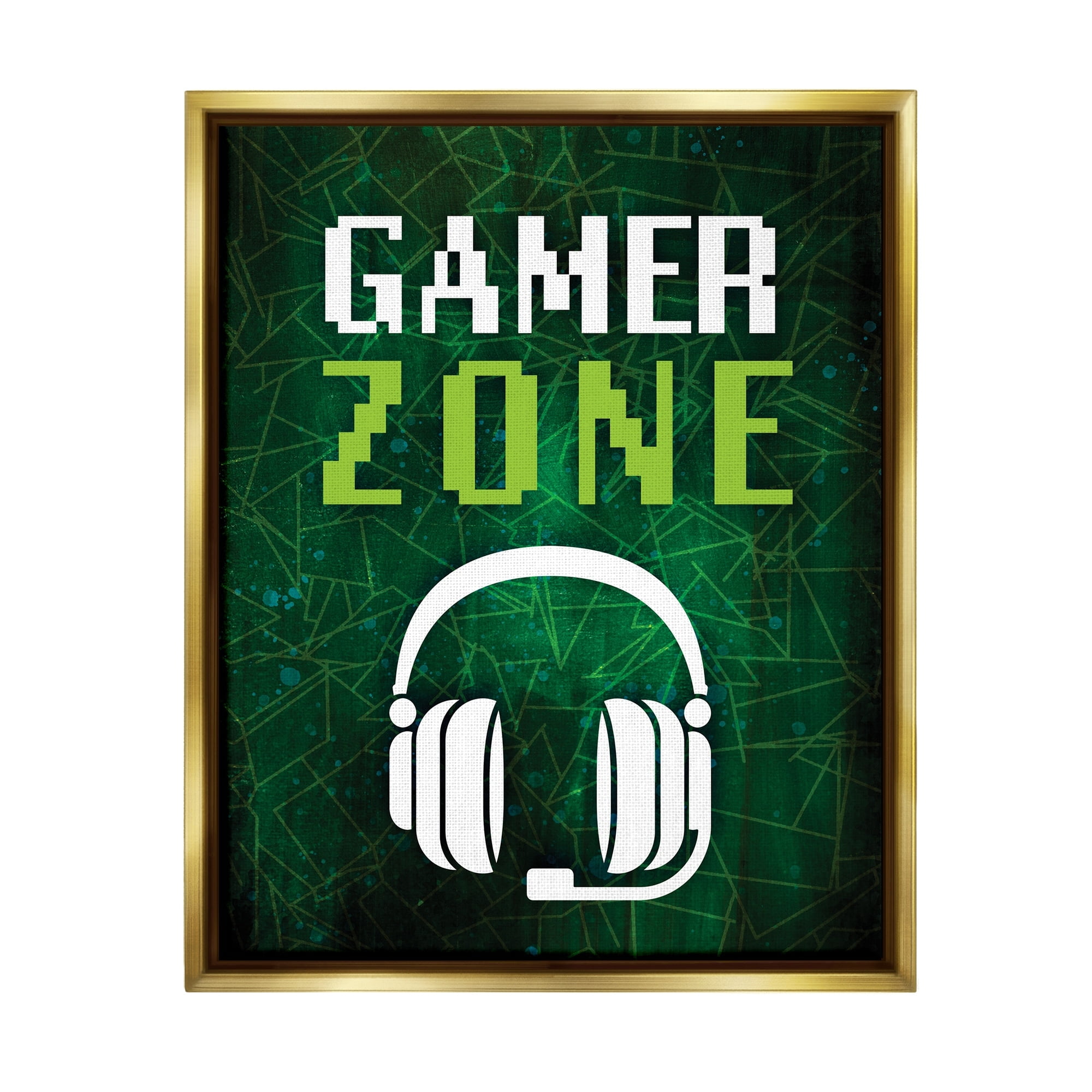 Stupell Industries Gamer Zone Headset Geometric Pattern Pixel Text Graphic Art Metallic Gold Floating Framed Canvas Print Wall Art, Design by Victoria Barnes