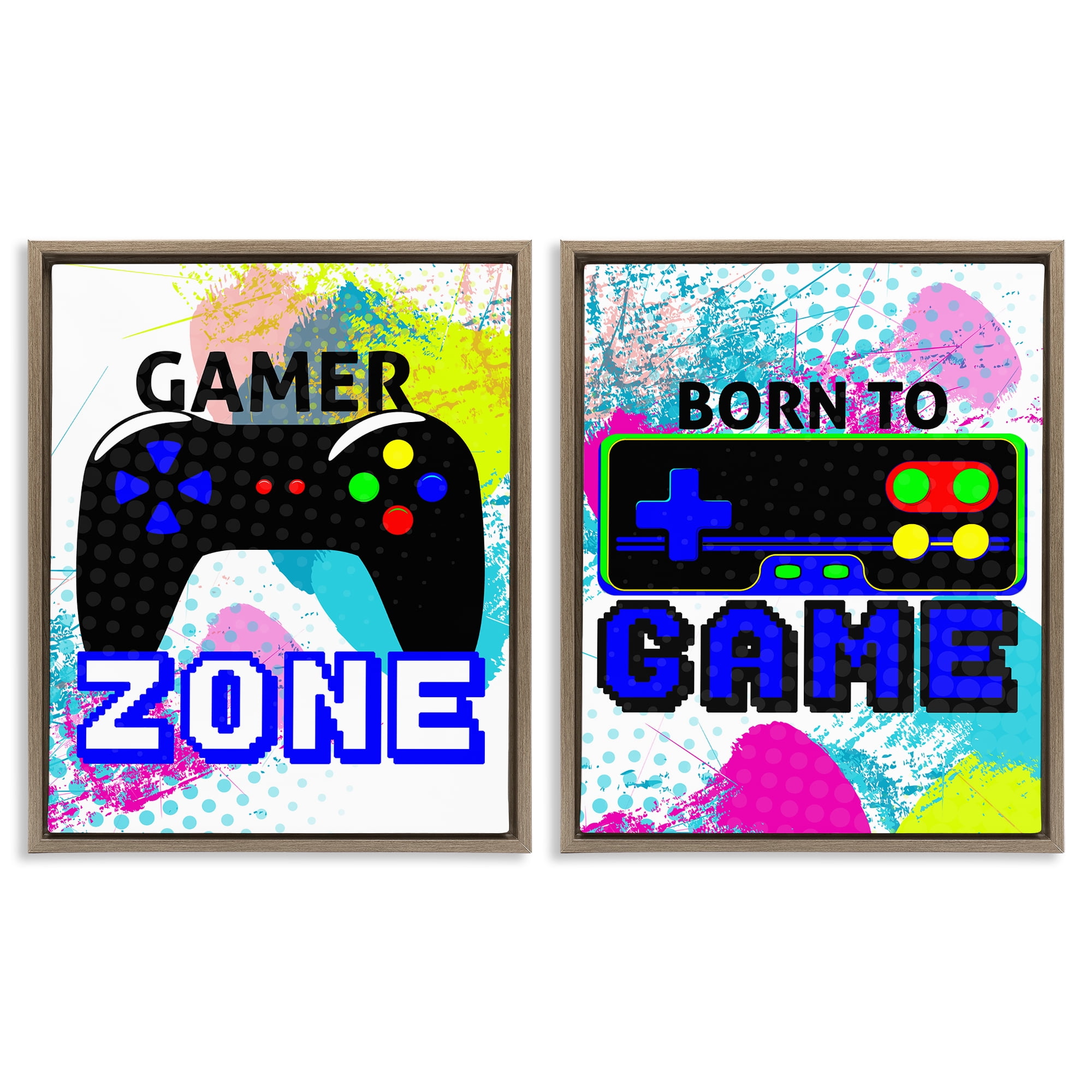 Stupell Industries Gamer Zone Splash Remote Entertainment Painting Brown Floater Framed Canvas Art Print Wall Art, 31 x 25, Set of 2