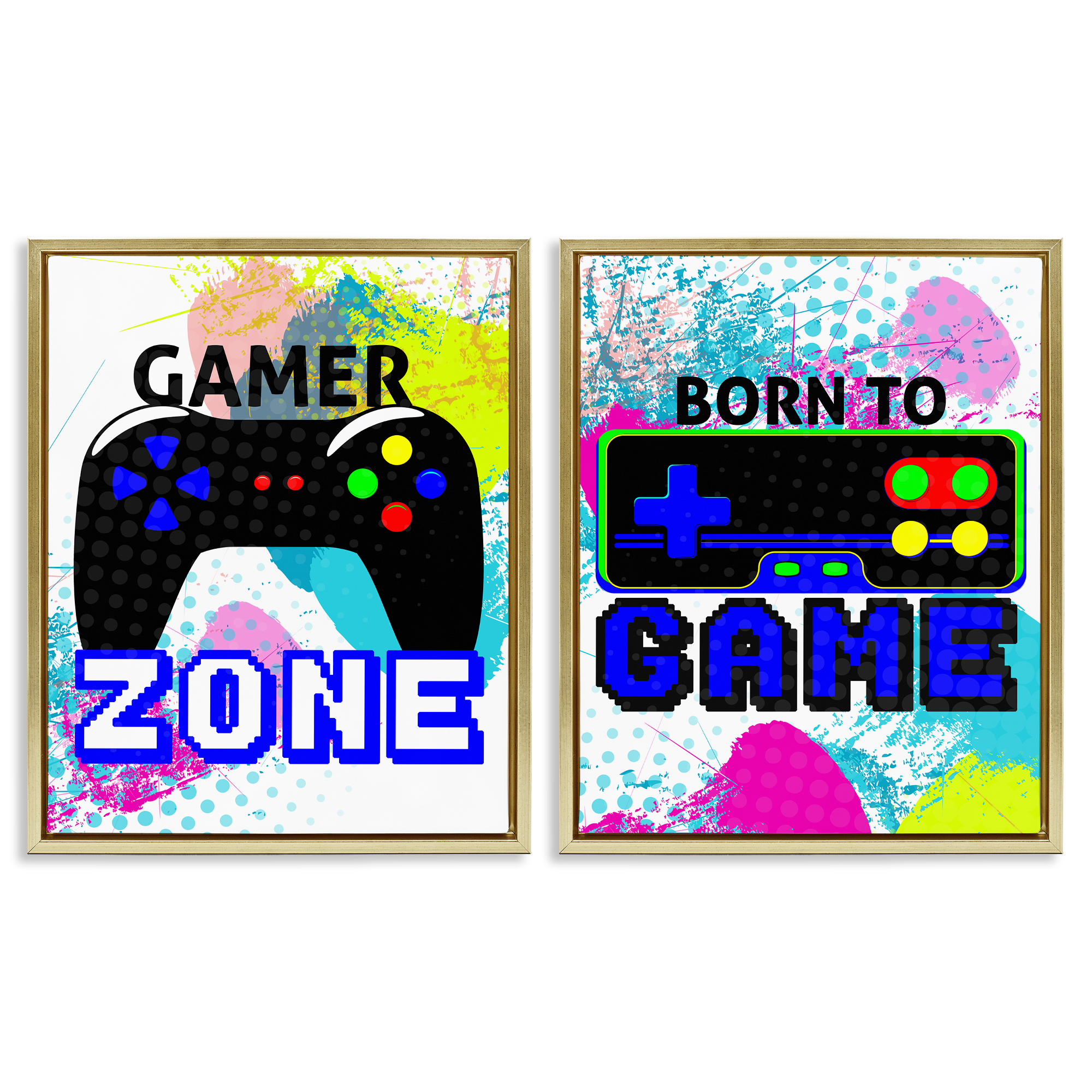 Stupell Industries Gamer Zone Splash Remote Entertainment Painting Gold Floater Framed Canvas Art Print Wall Art, 31 x 25, Set of 2