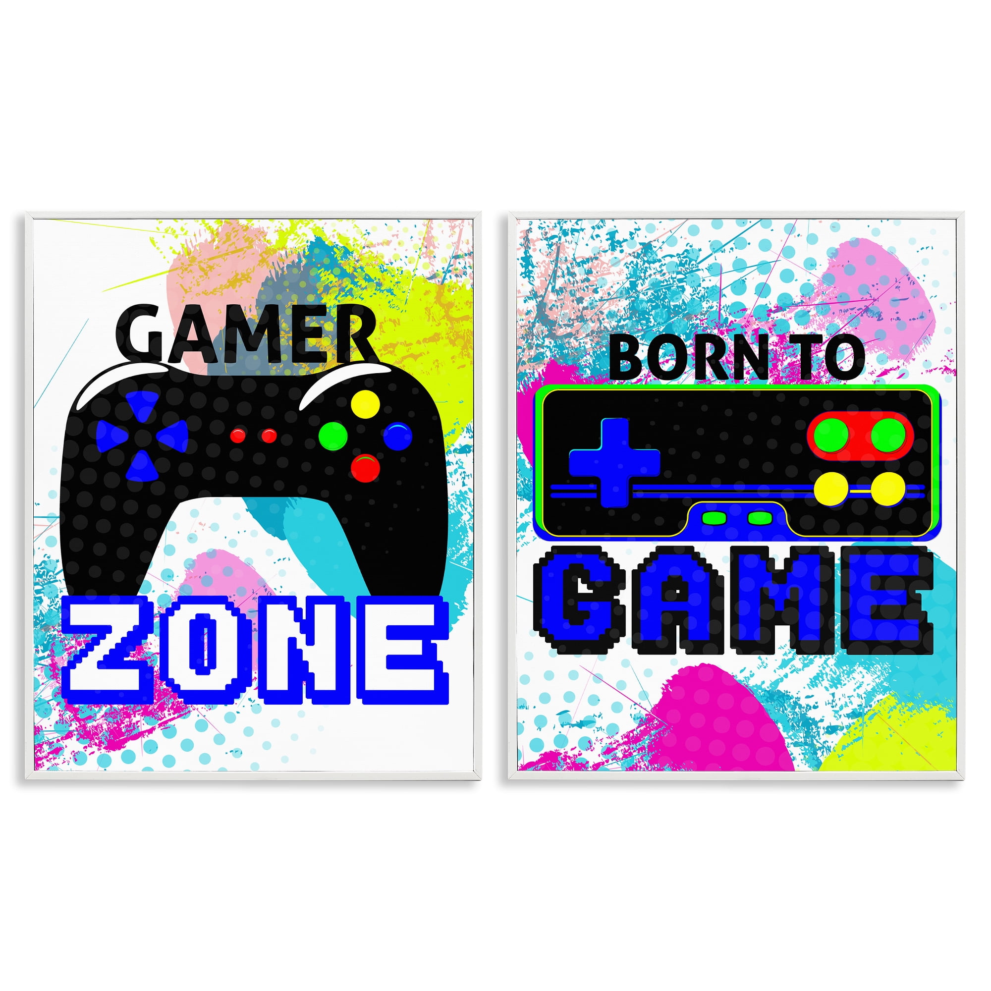 Stupell Industries Gamer Zone Splash Remote Entertainment Painting White Framed Art Print Wall Art, 16 x 20, Set of 2