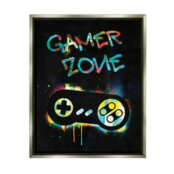 Stupell Industries Gamer Zone Vintage Controller Neon Paint Splatter Graphic Art Luster Gray Floating Framed Canvas Print Wall Art, Design by Victoria Barnes