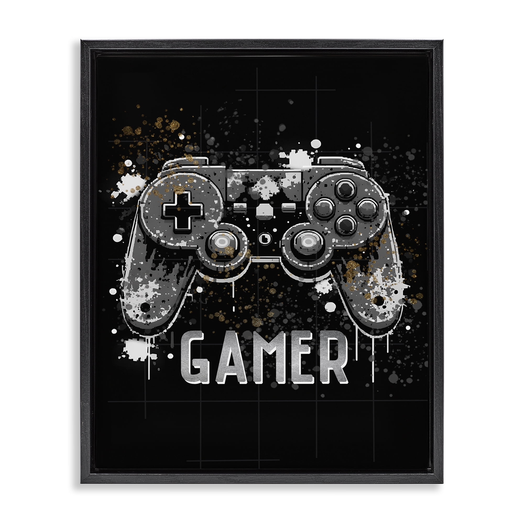 Stupell Industries Gamer with Modern Splash Entertainment Painting Black Floater Framed Canvas Art Print Wall Art, 25 x 31