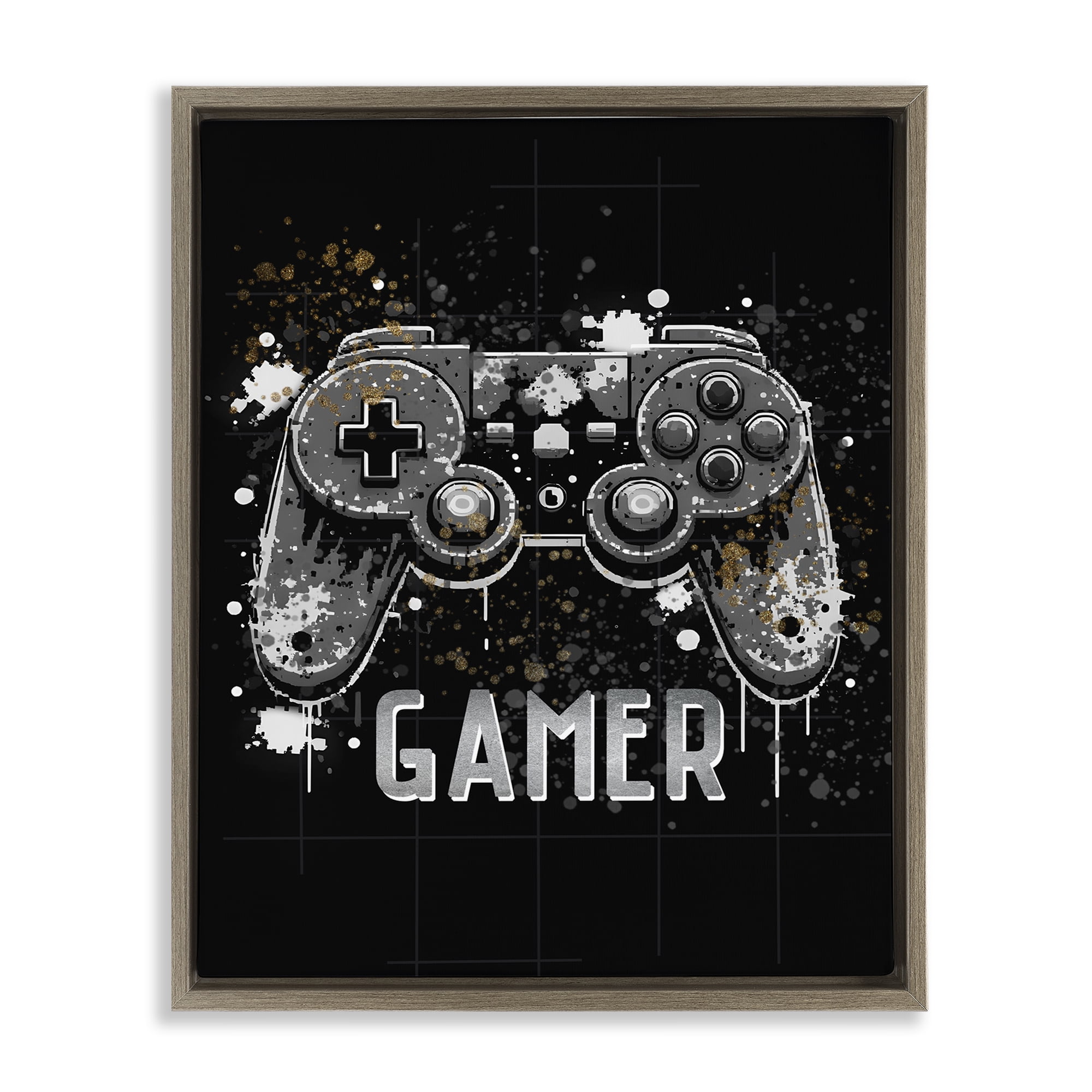 Stupell Industries Gamer with Modern Splash Entertainment Painting Brown Floater Framed Canvas Art Print Wall Art, 25 x 31