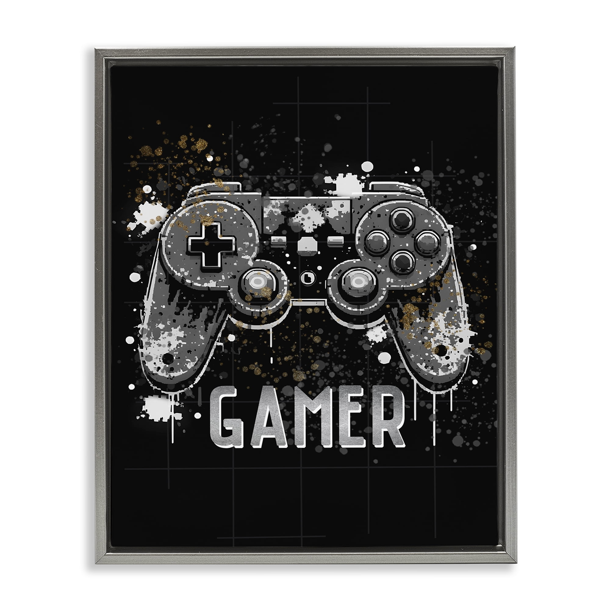 Stupell Industries Gamer with Modern Splash Entertainment Painting Gray Floater Framed Canvas Art Print Wall Art, 17 x 21