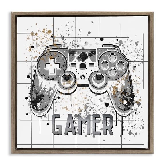 Stupell Industries Gamer with Pixel Splatter Brown Framed Floater Canvas Wall Art, design by Kim Allen