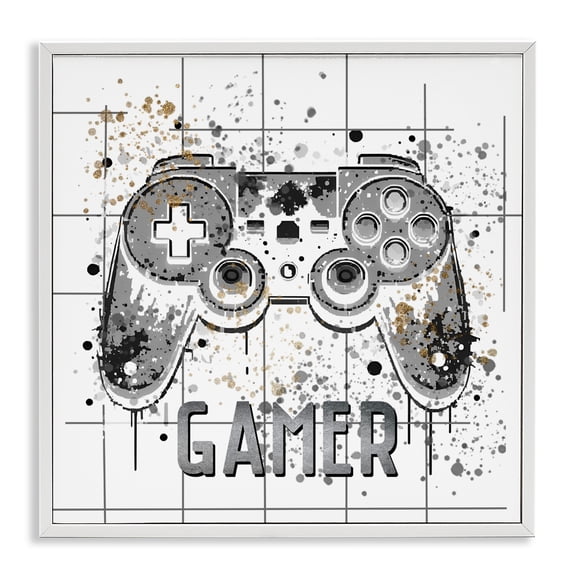 Stupell Industries Gamer with Pixel Splatter White Framed Giclee Art, design by Kim Allen