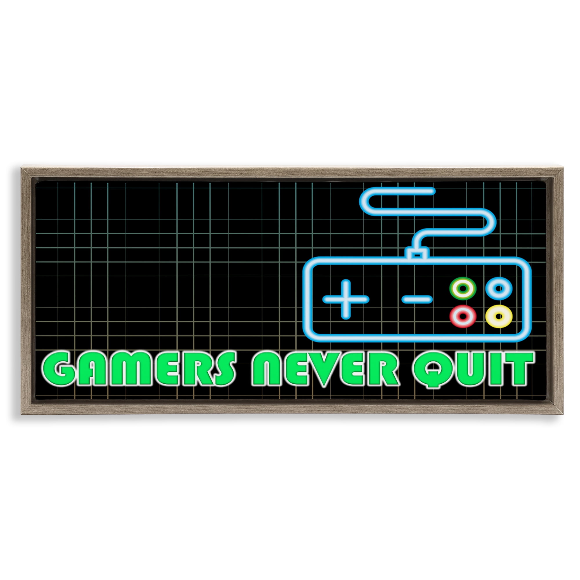Stupell Industries Gamers Never Quit Neon Brown Framed Floater Canvas Wall Art, design by Kim Allen