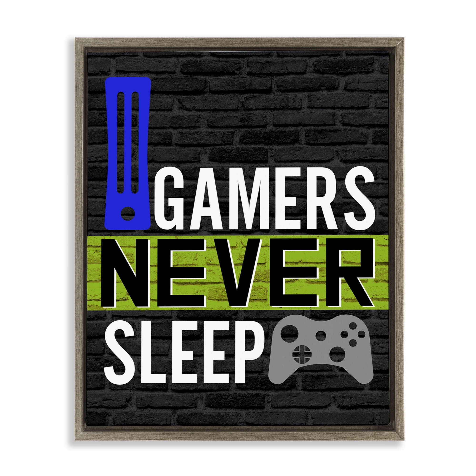 Stupell Industries Gamers Never Sleep Typography Painting Brown Floater Framed Art Print Wall Art, 25 x 31