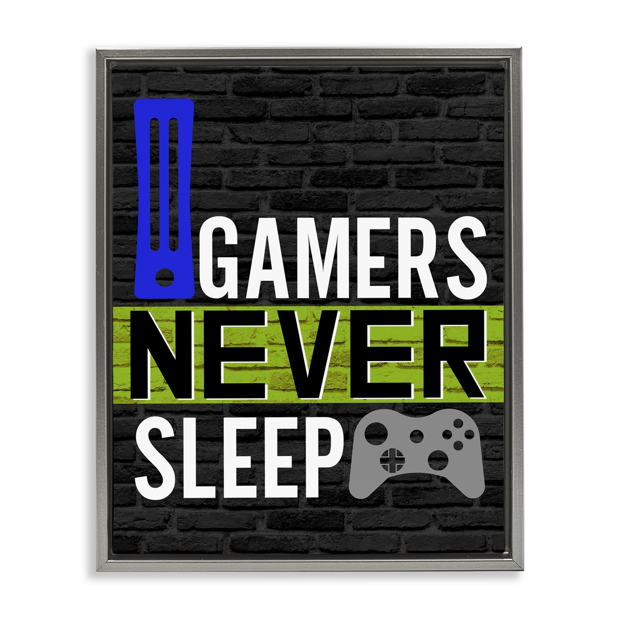 Stupell Industries Gamers Never Sleep Typography Painting Gray Floater Framed Art Print Wall Art, 17 x 21