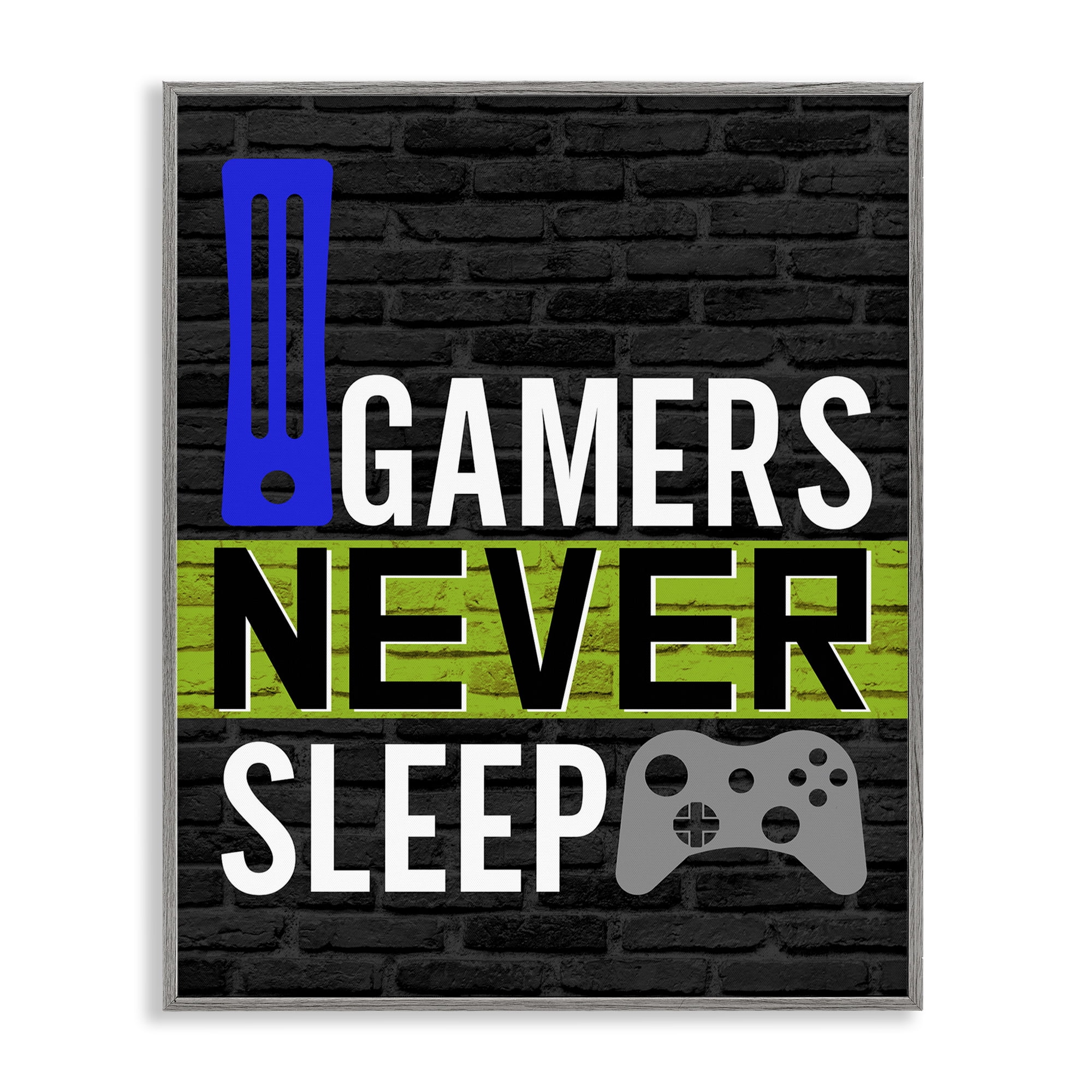 Stupell Industries Gamers Never Sleep Typography Painting Gray Framed Art Print Wall Art, 24 x 30