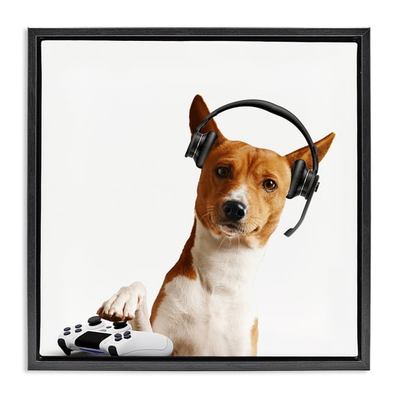 Stupell Industries Gaming Dog with Headset Animals Painting Black Floater Framed Canvas Art Print Wall Art, 25 x 25