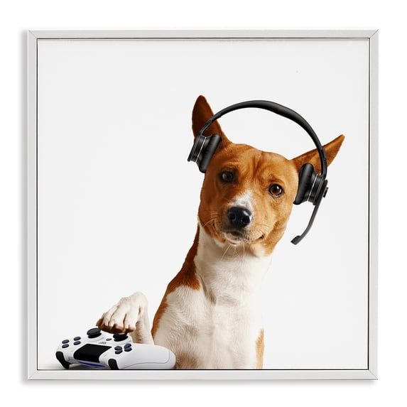 Stupell Industries Gaming Dog with Headset Animals Painting White Framed Art Print Wall Art, 17 x 17