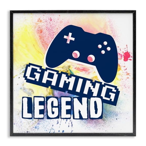 Stupell Industries Gaming Legend Modern Splatter Quotes and Sayings Painting Black Framed Art Print Wall Art, 12 x 12