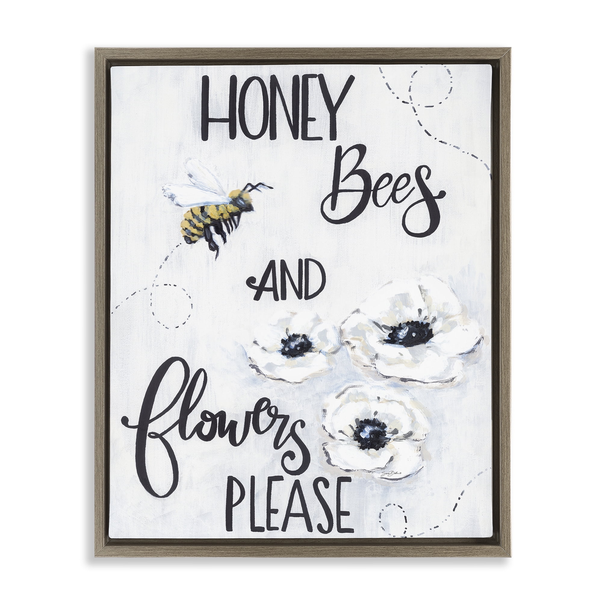 Stupell Industries Garden Bees & Flowers Please Brown Framed Floater Canvas Wall Art, design by Sara Baker