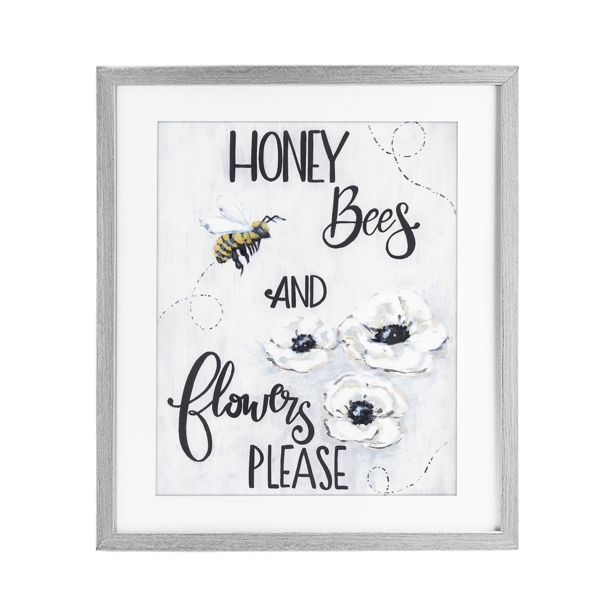 Stupell Industries Garden Bees & Flowers Please Gray Framed Print Under Glass, design by Sara Baker