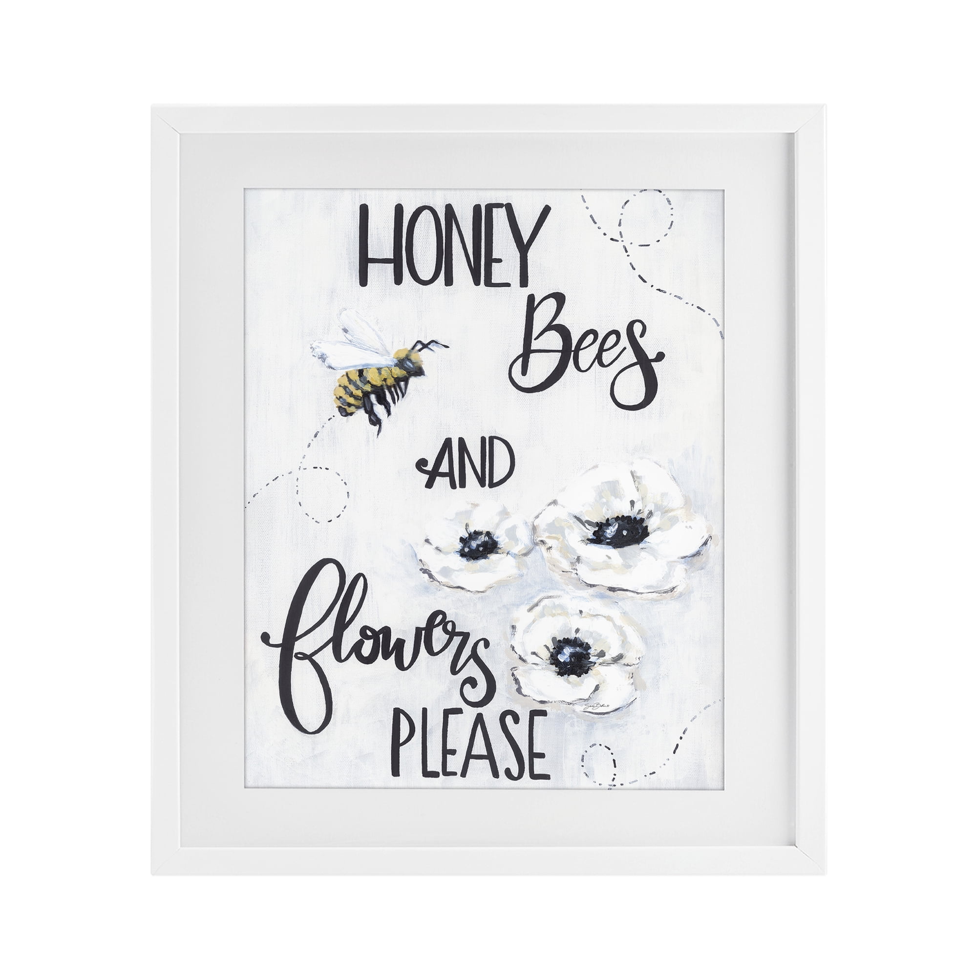 Stupell Industries Garden Bees & Flowers Please White Framed Print Under Glass, design by Sara Baker