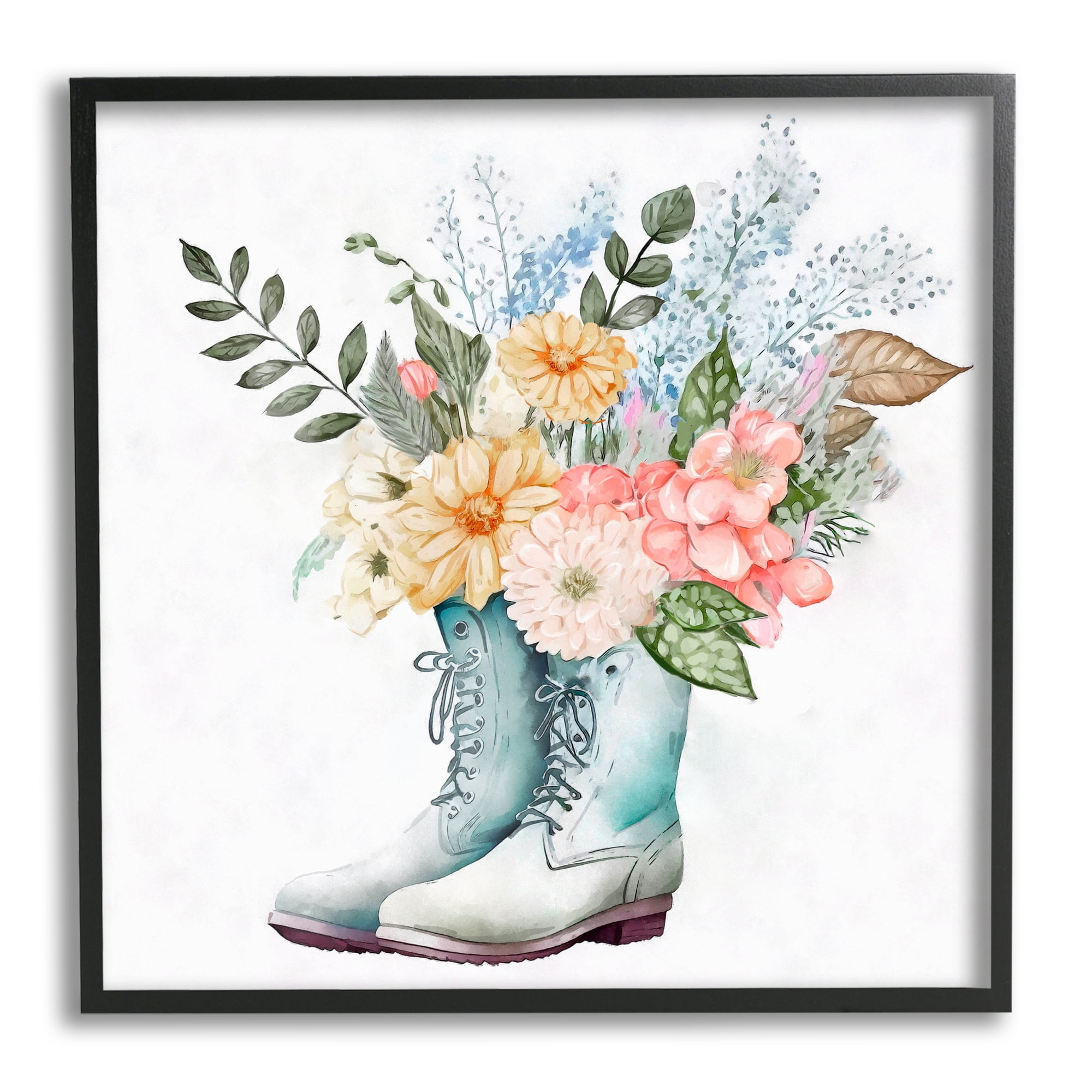 Stupell Industries Garden Boot Mixed Flower Bouquet Botanical & Floral Painting Black Framed Art Print Wall Art